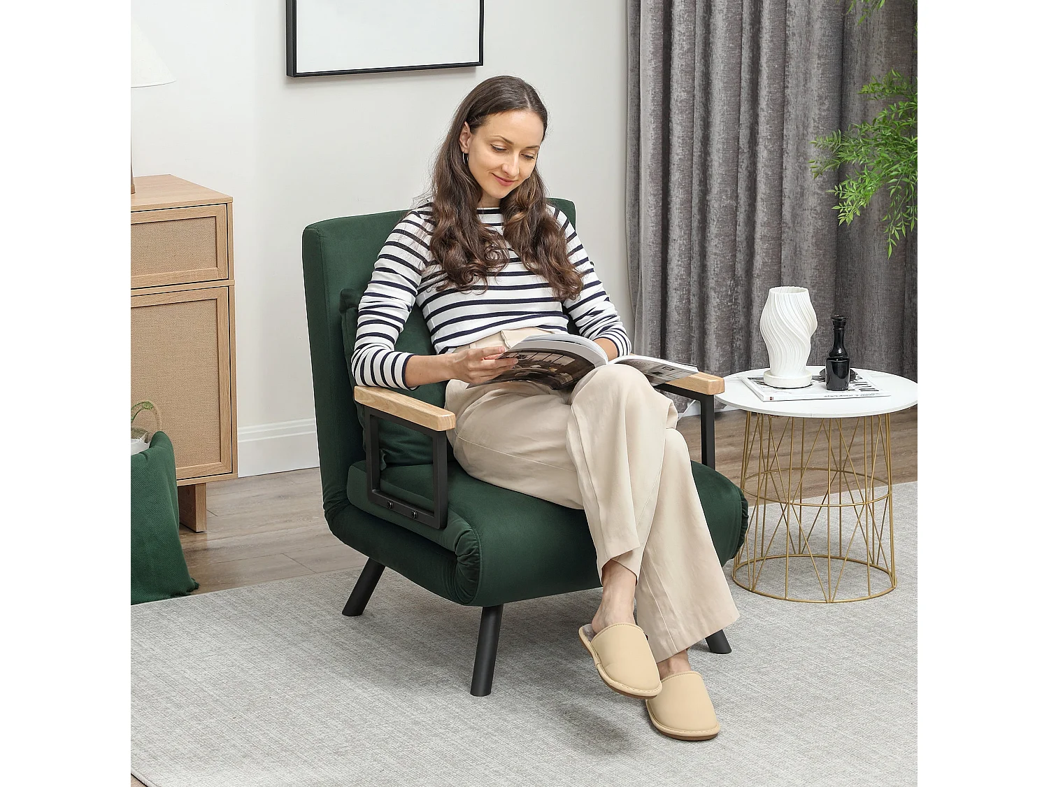 Zifayo Velvet Green 4 in 1 Convertible Single Chair Bed with Cushion