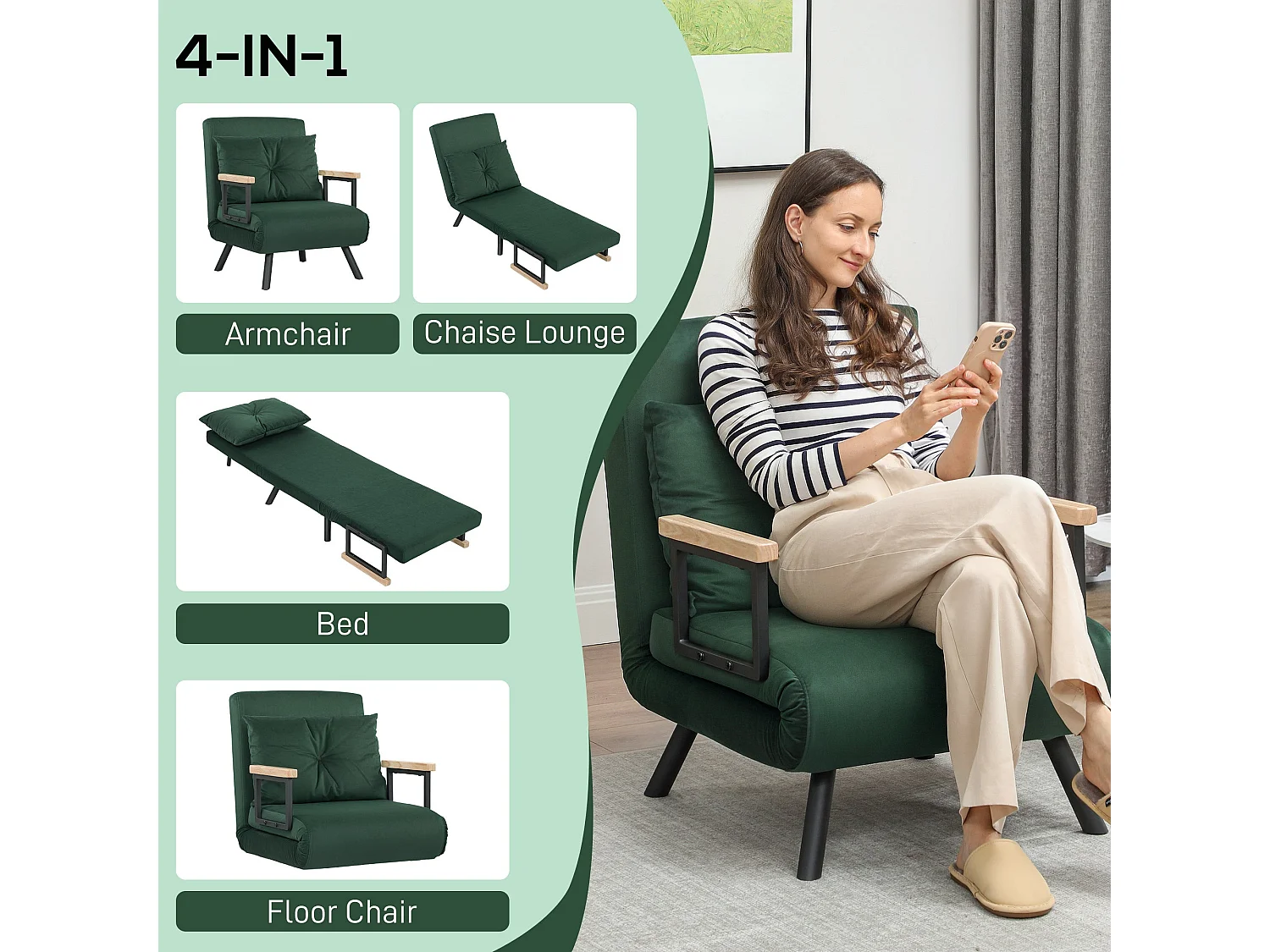 Zifayo Velvet Green 4 in 1 Convertible Single Chair Bed with Cushion