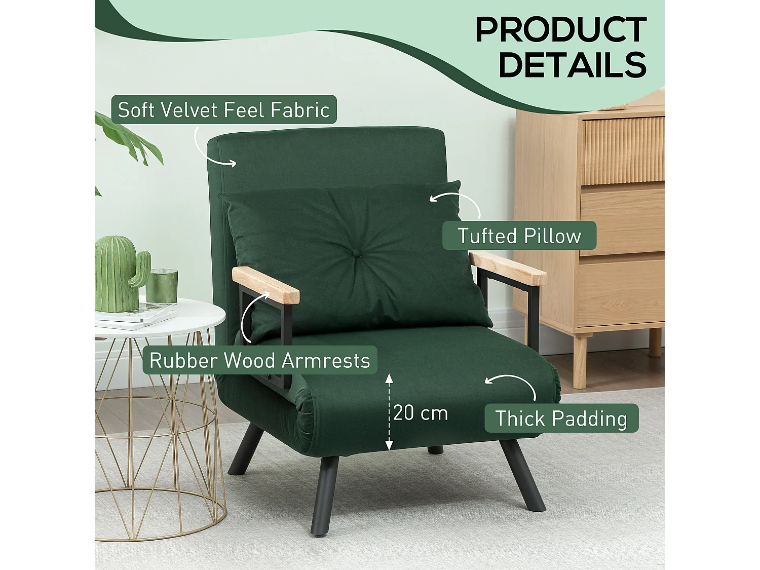 Zifayo Velvet Green 4 in 1 Convertible Single Chair Bed with Cushion