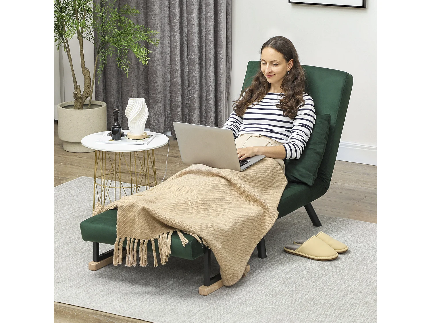 Zifayo Velvet Green 4 in 1 Convertible Single Chair Bed with Cushion