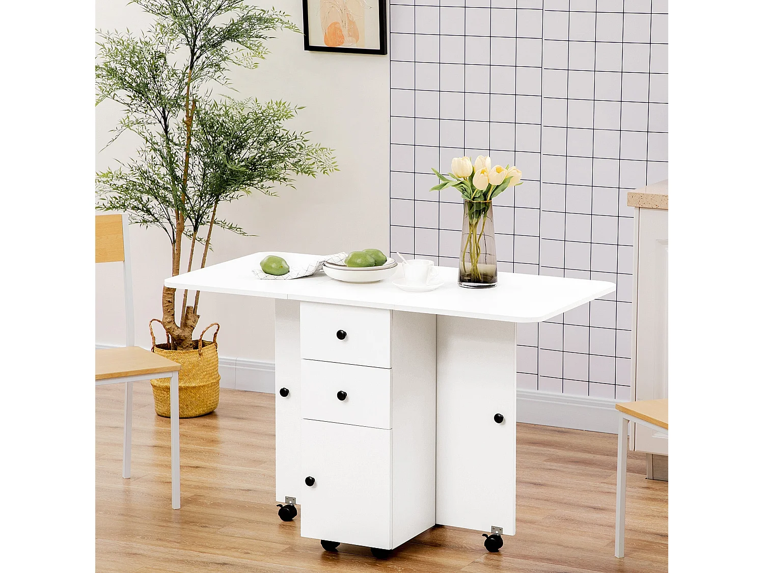Zibsa White Drop Leaf Dining Table with Storage for 4 6