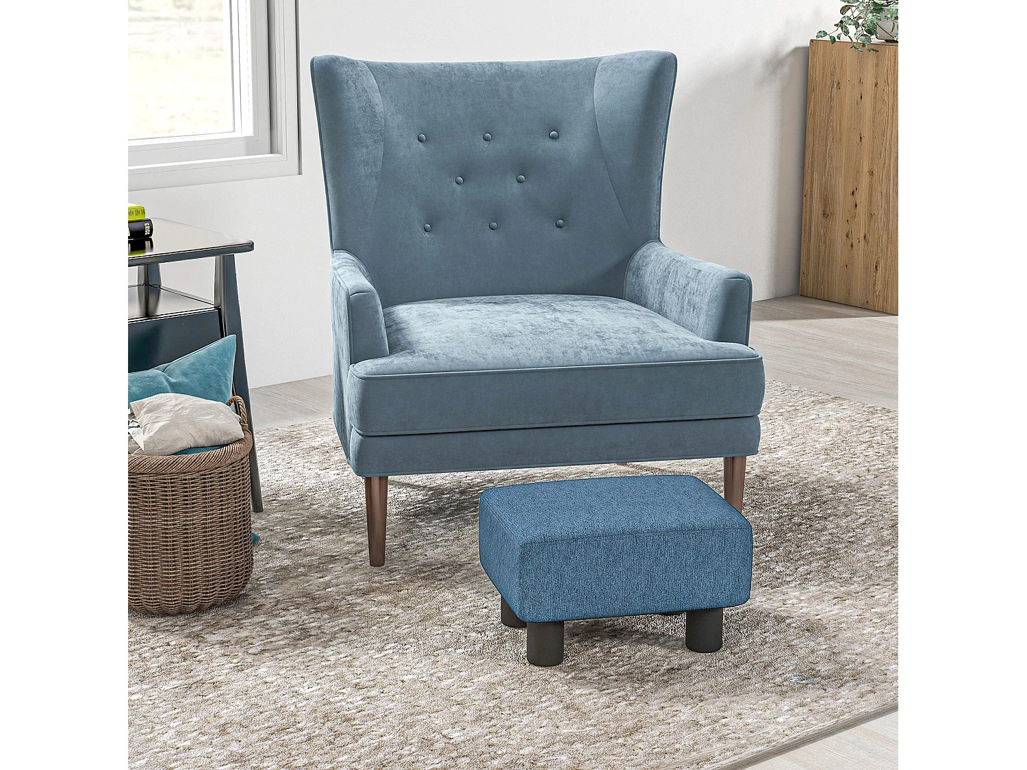 Fatopa Blue Linen Footstool Cube Compact Upholstered Ottoman with 4 Plastic Feet