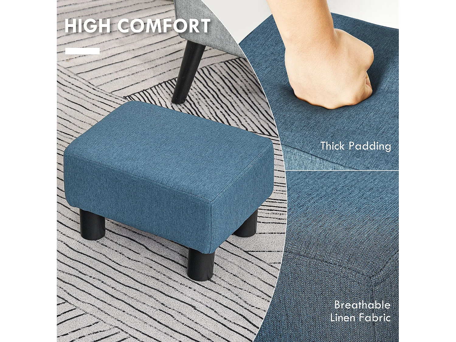 Fatopa Blue Linen Footstool Cube Compact Upholstered Ottoman with 4 Plastic Feet