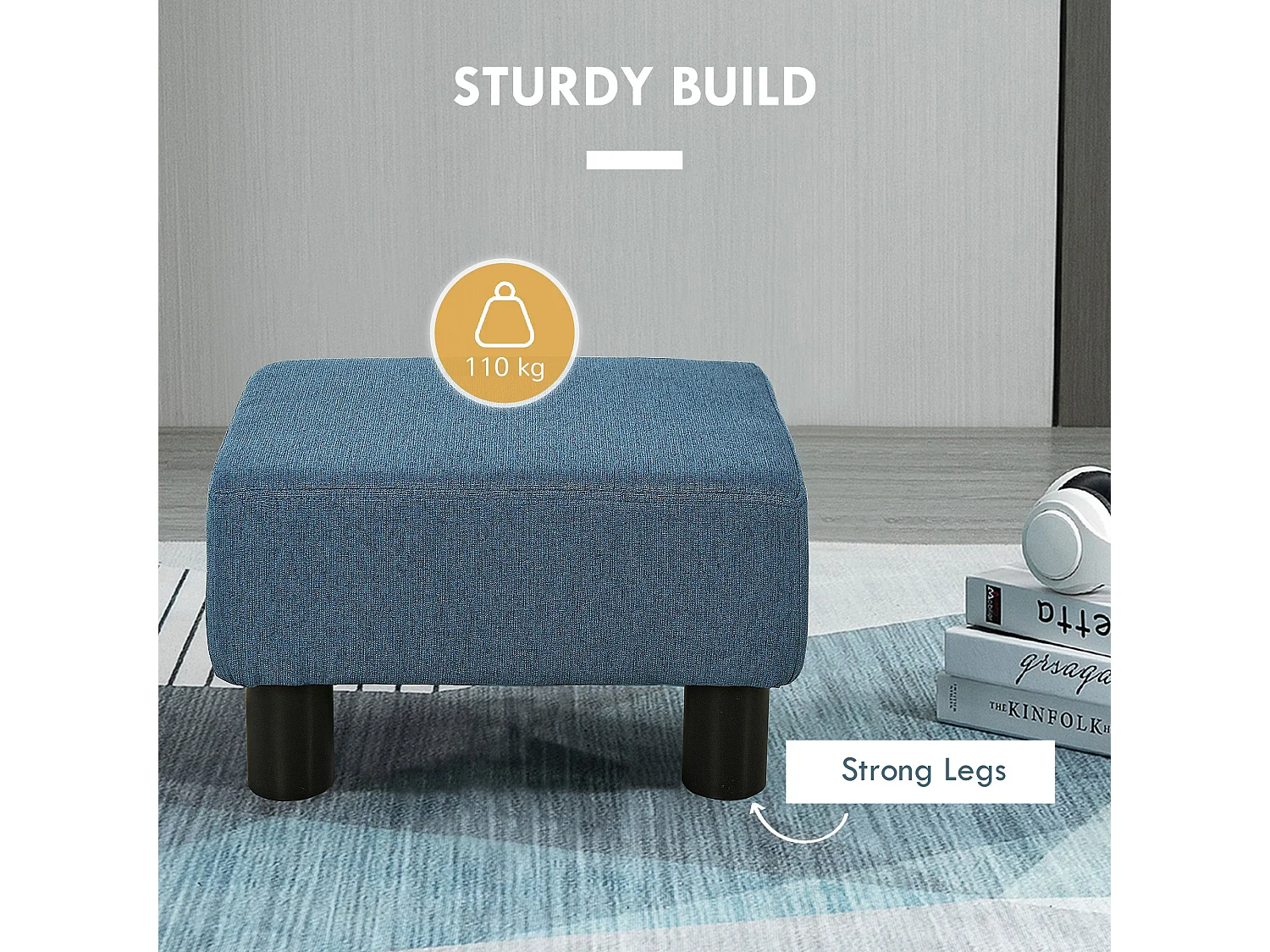 Fatopa Blue Linen Footstool Cube Compact Upholstered Ottoman with 4 Plastic Feet