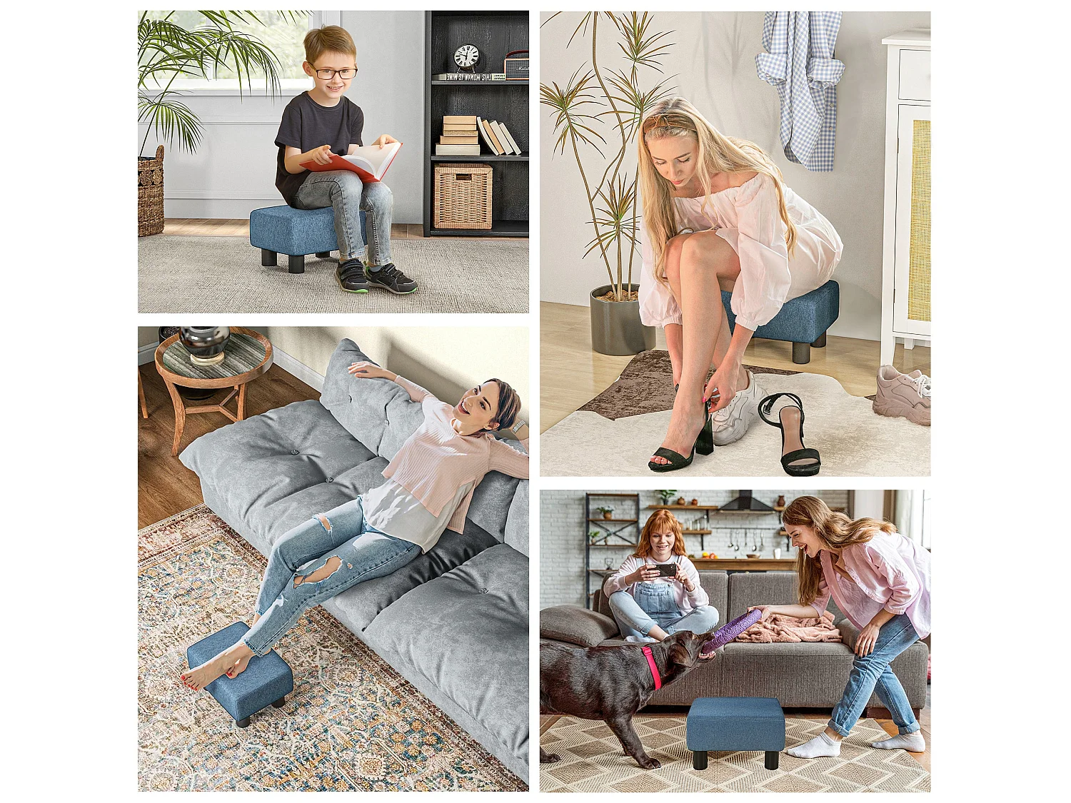 Fatopa Blue Linen Footstool Cube Compact Upholstered Ottoman with 4 Plastic Feet