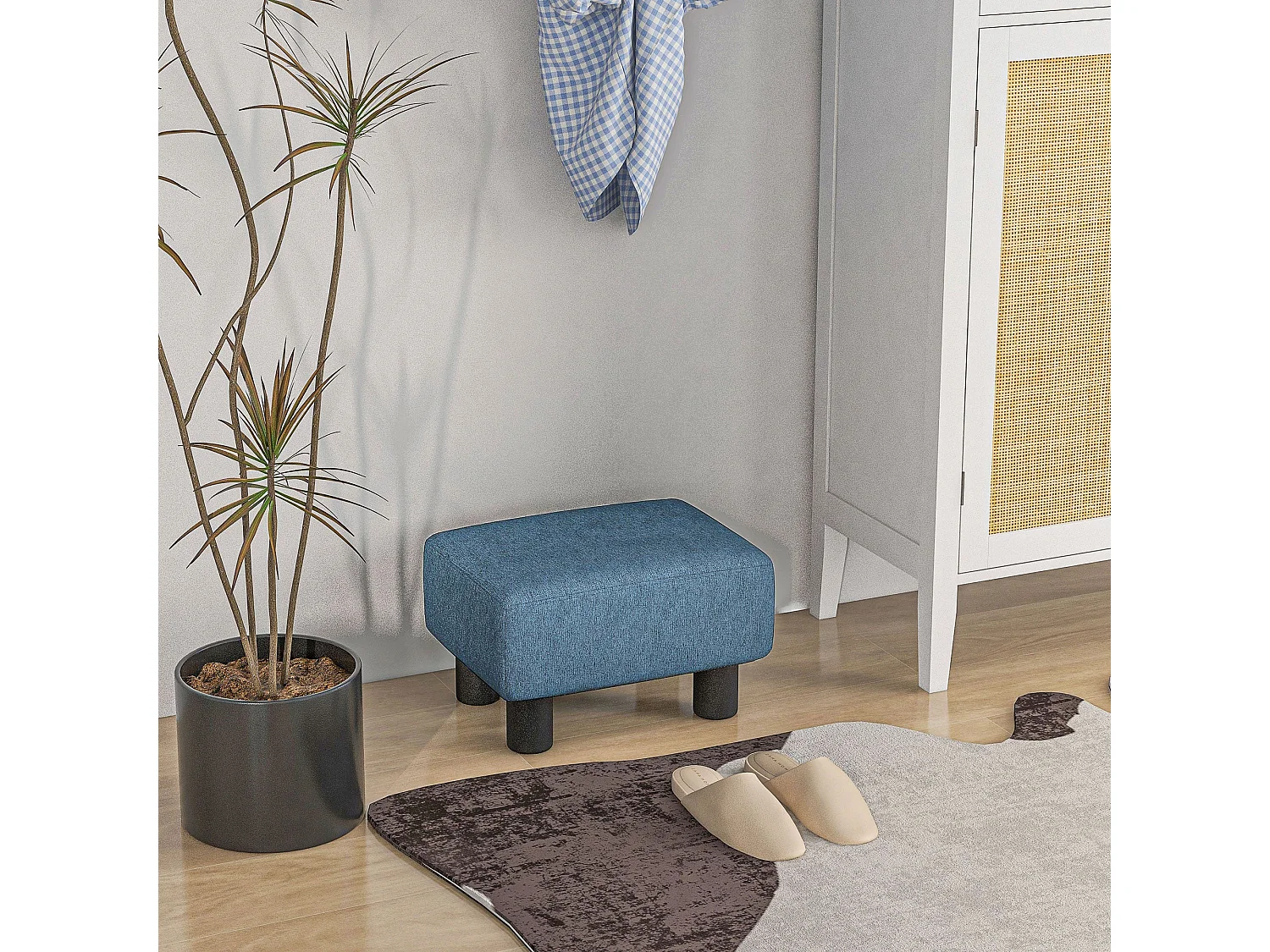 Fatopa Blue Linen Footstool Cube Compact Upholstered Ottoman with 4 Plastic Feet