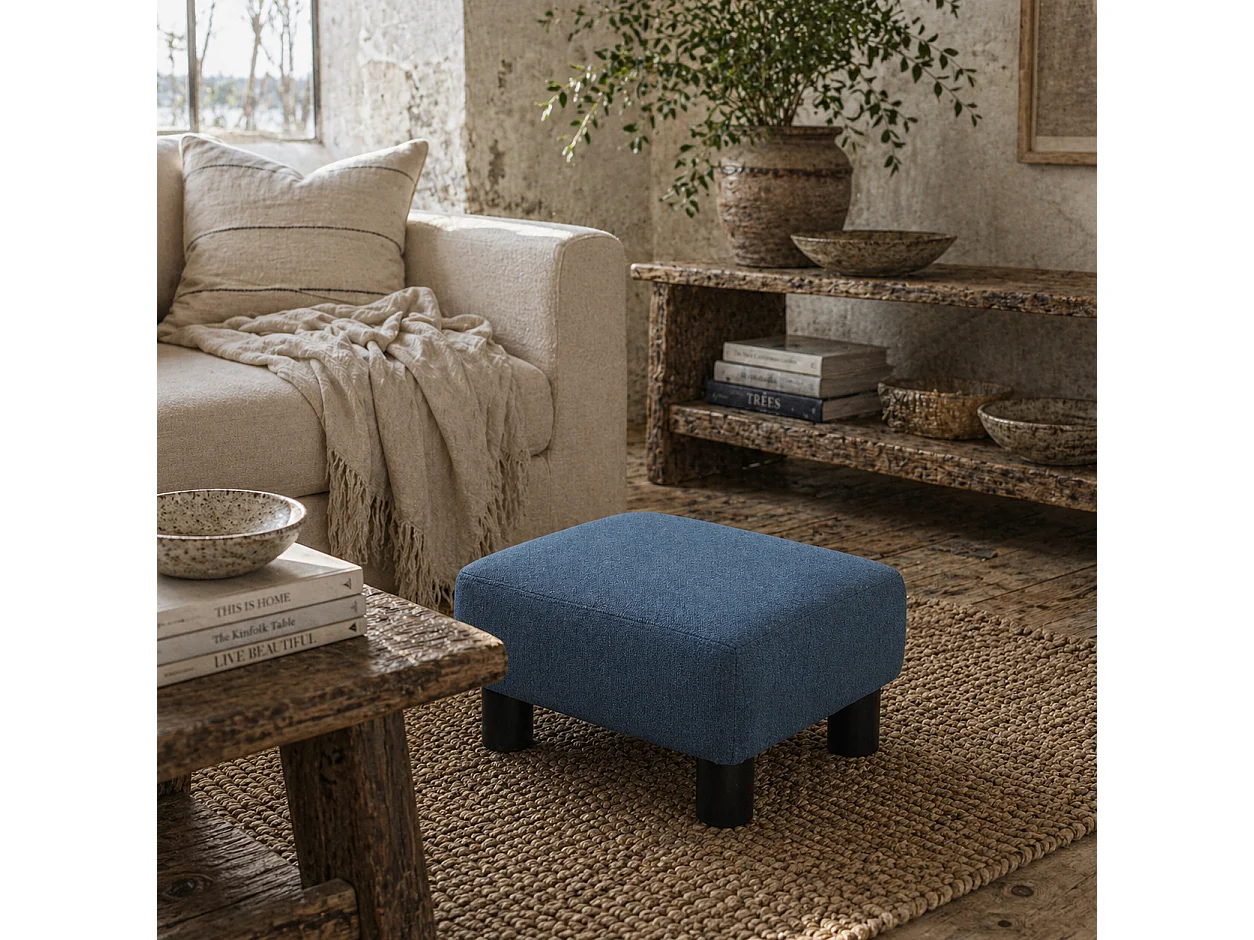 Fatopa Blue Linen Footstool Cube Compact Upholstered Ottoman with 4 Plastic Feet