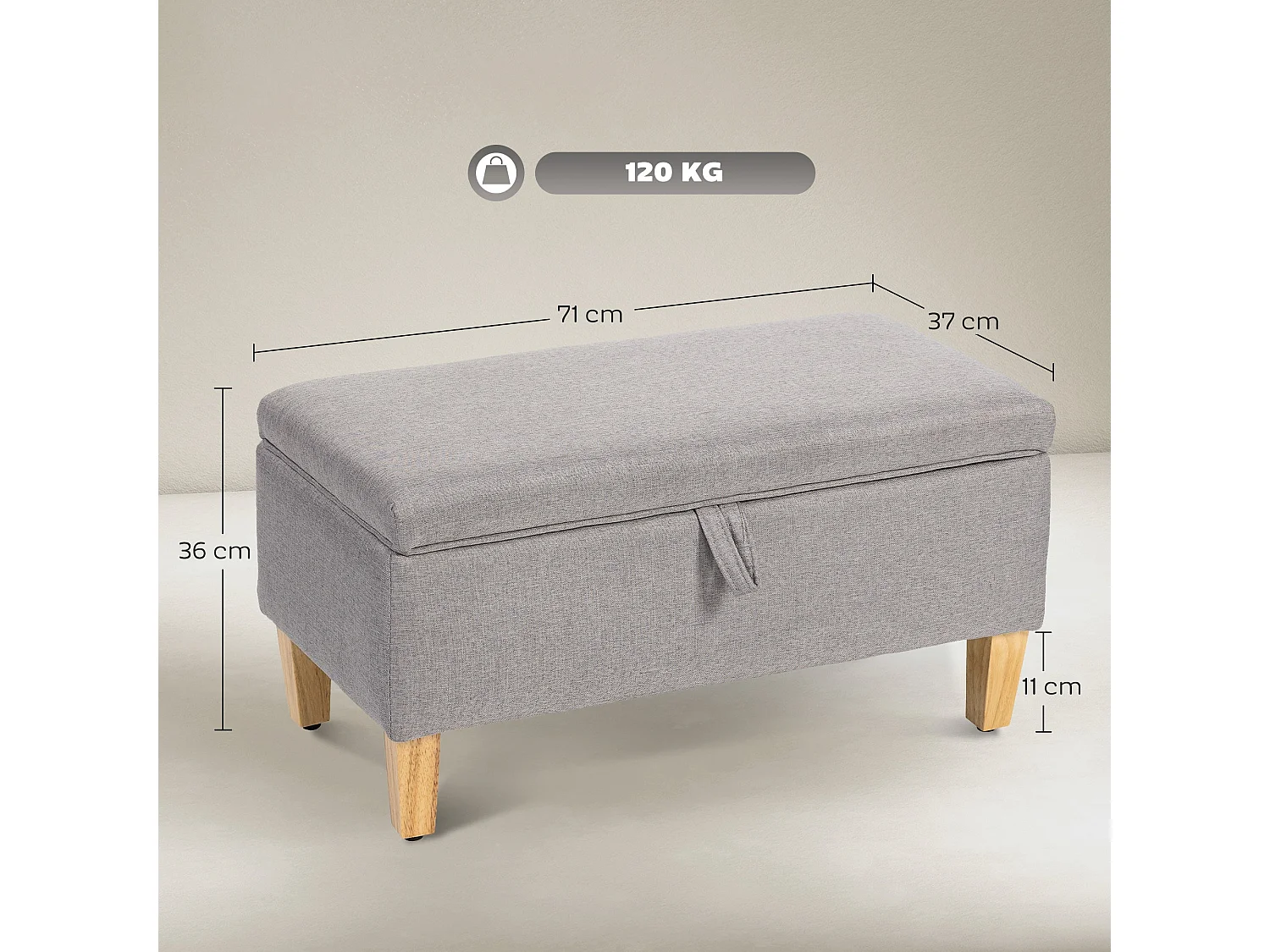 Solo Linen look Light Grey Storage Ottoman Bench Padded Seat Natural Wooden Legs