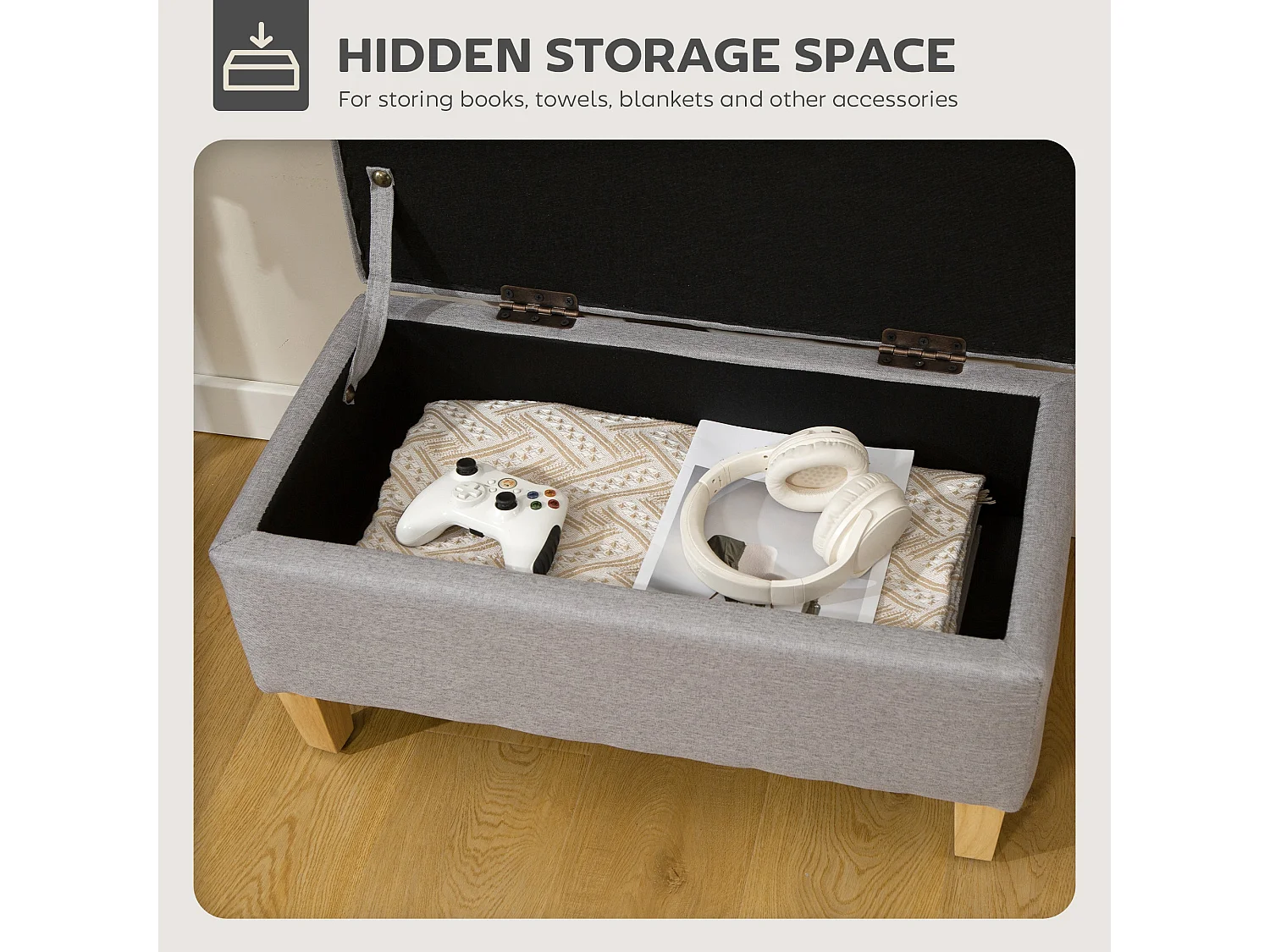 Solo Linen look Light Grey Storage Ottoman Bench Padded Seat Natural Wooden Legs