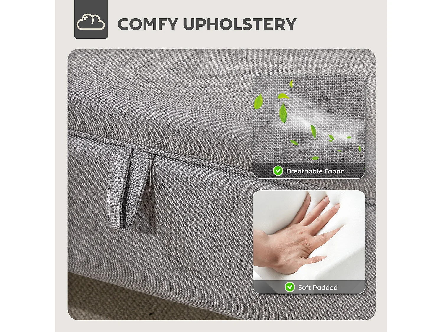 Solo Linen look Light Grey Storage Ottoman Bench Padded Seat Natural Wooden Legs