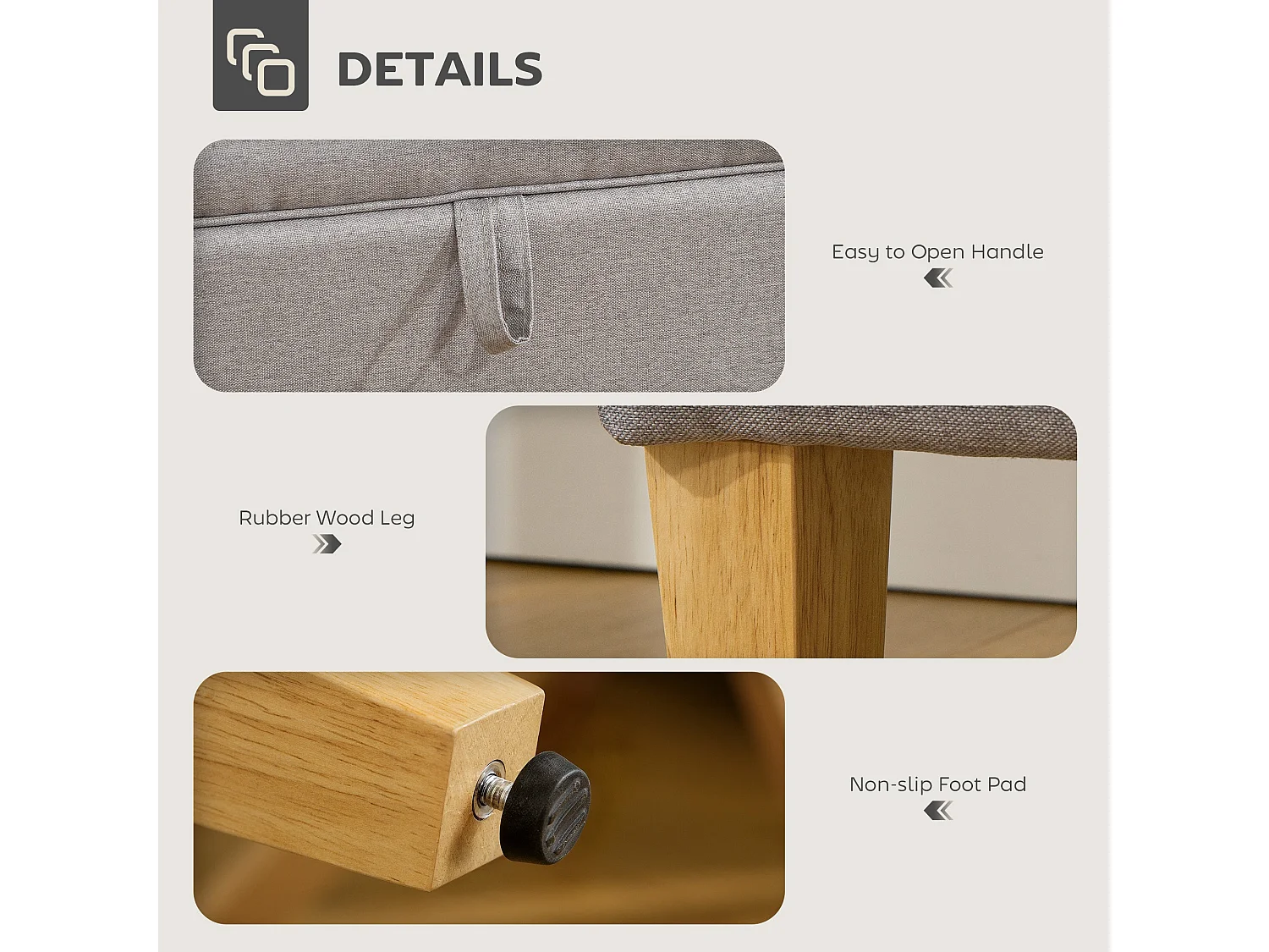 Solo Linen look Light Grey Storage Ottoman Bench Padded Seat Natural Wooden Legs