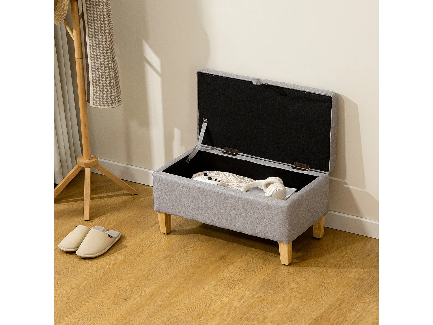 Solo Linen look Light Grey Storage Ottoman Bench Padded Seat Natural Wooden Legs