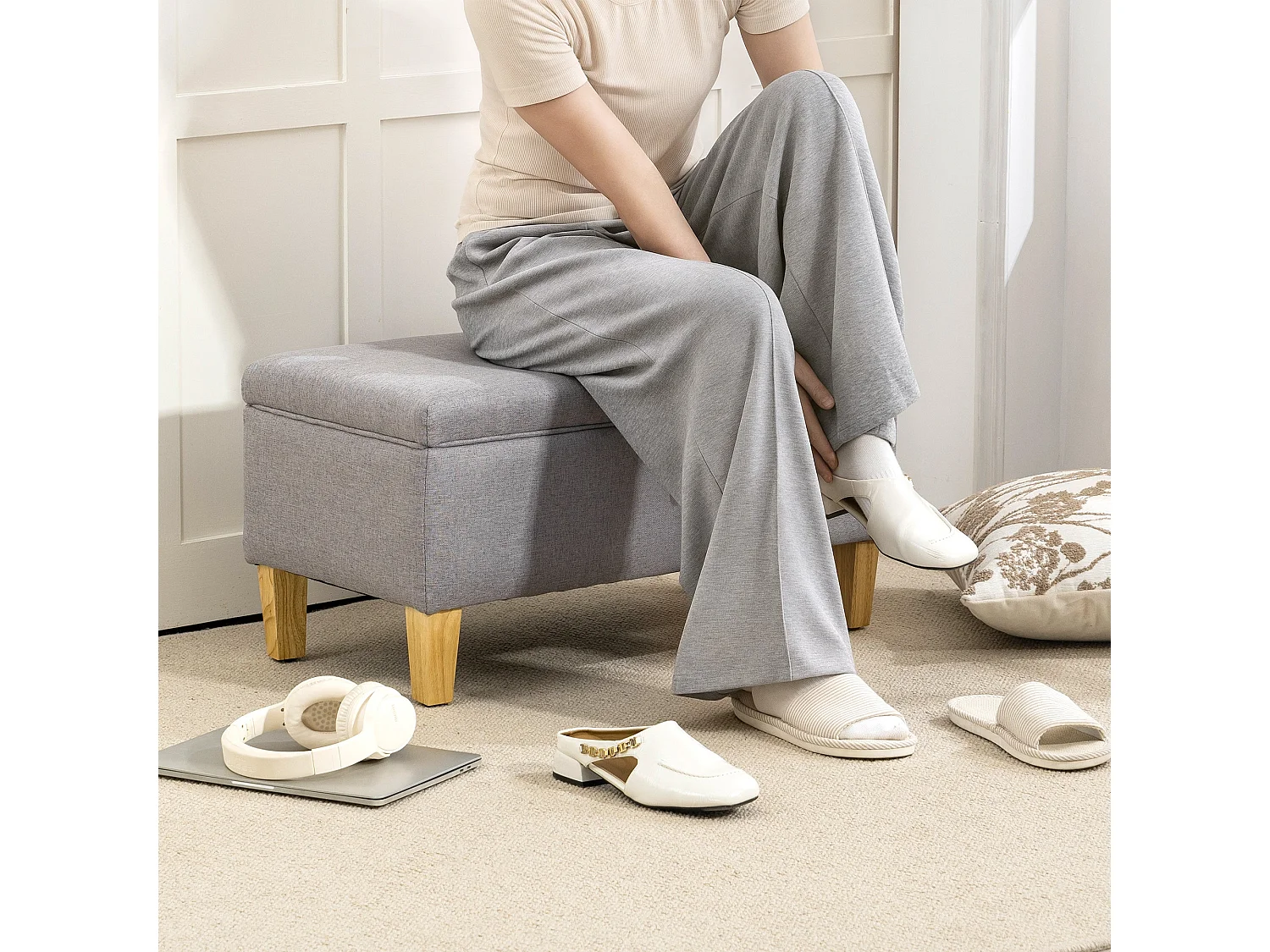 Solo Linen look Light Grey Storage Ottoman Bench Padded Seat Natural Wooden Legs