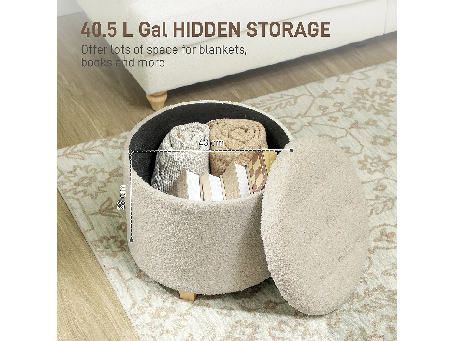 Fimi Cream White Teddy Fleece Storage Ottoman Diamond Tufted Lid Wooden Legs