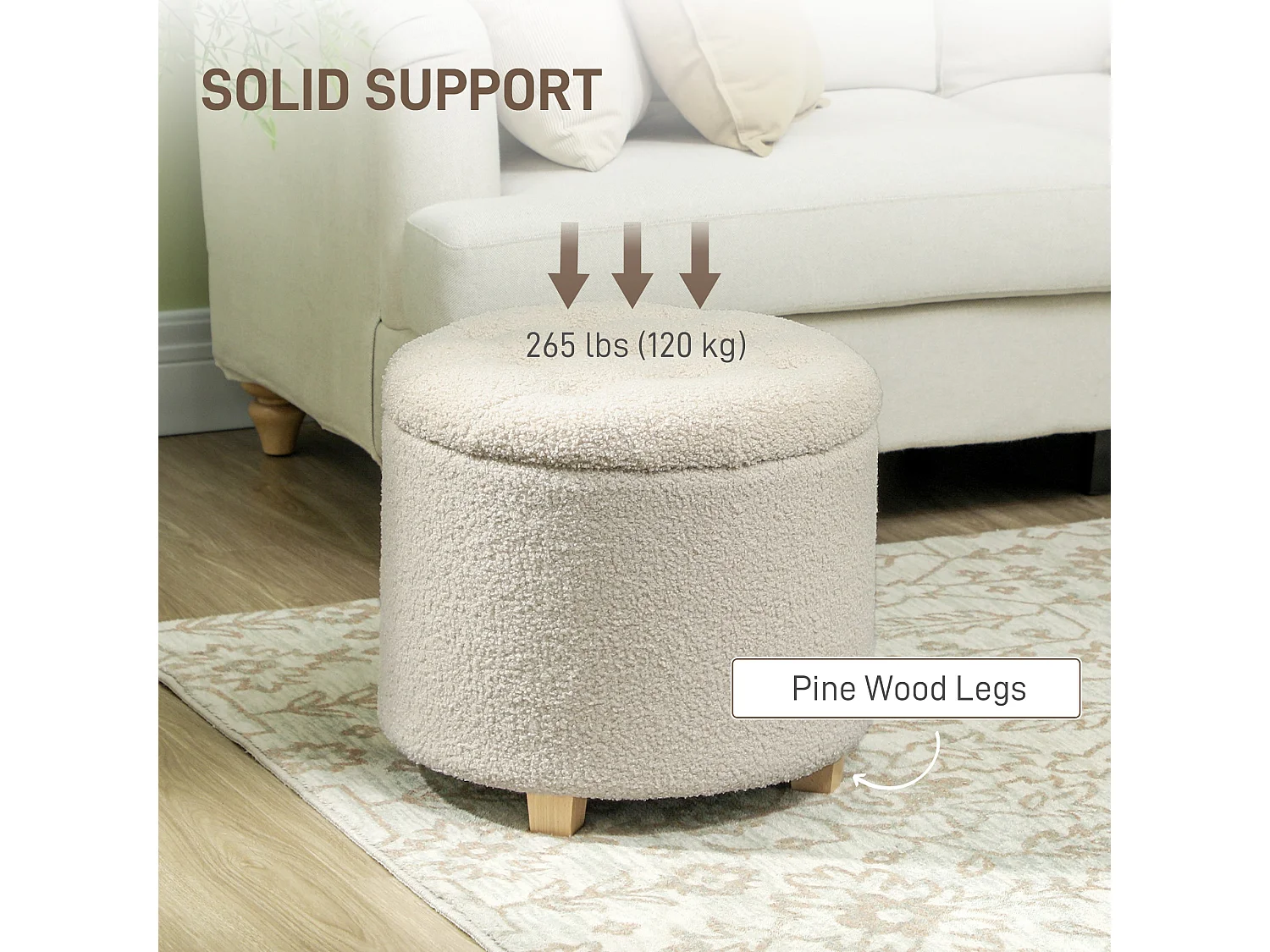 Fimi Cream White Teddy Fleece Storage Ottoman Diamond Tufted Lid Wooden Legs