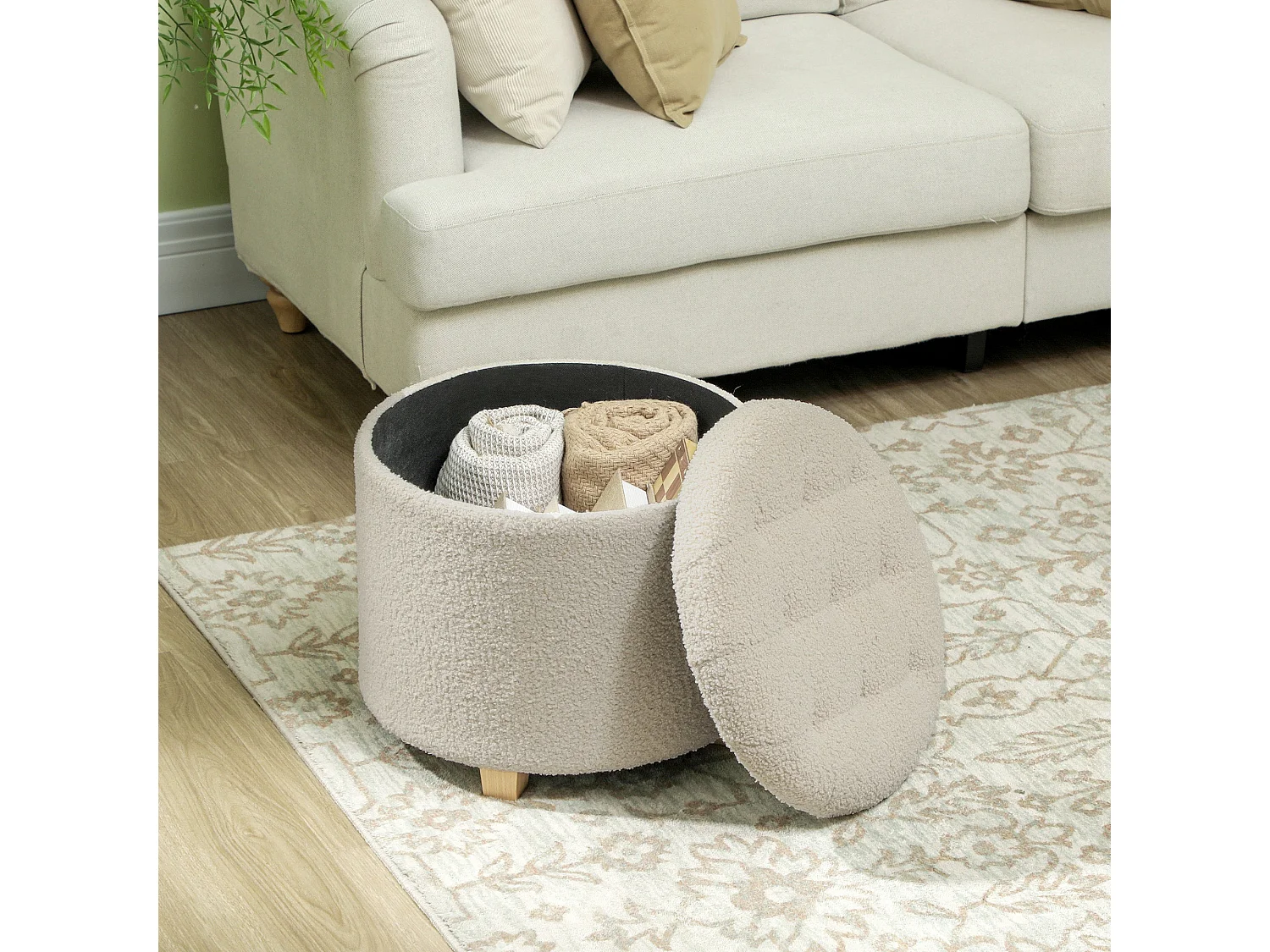 Fimi Cream White Teddy Fleece Storage Ottoman Diamond Tufted Lid Wooden Legs