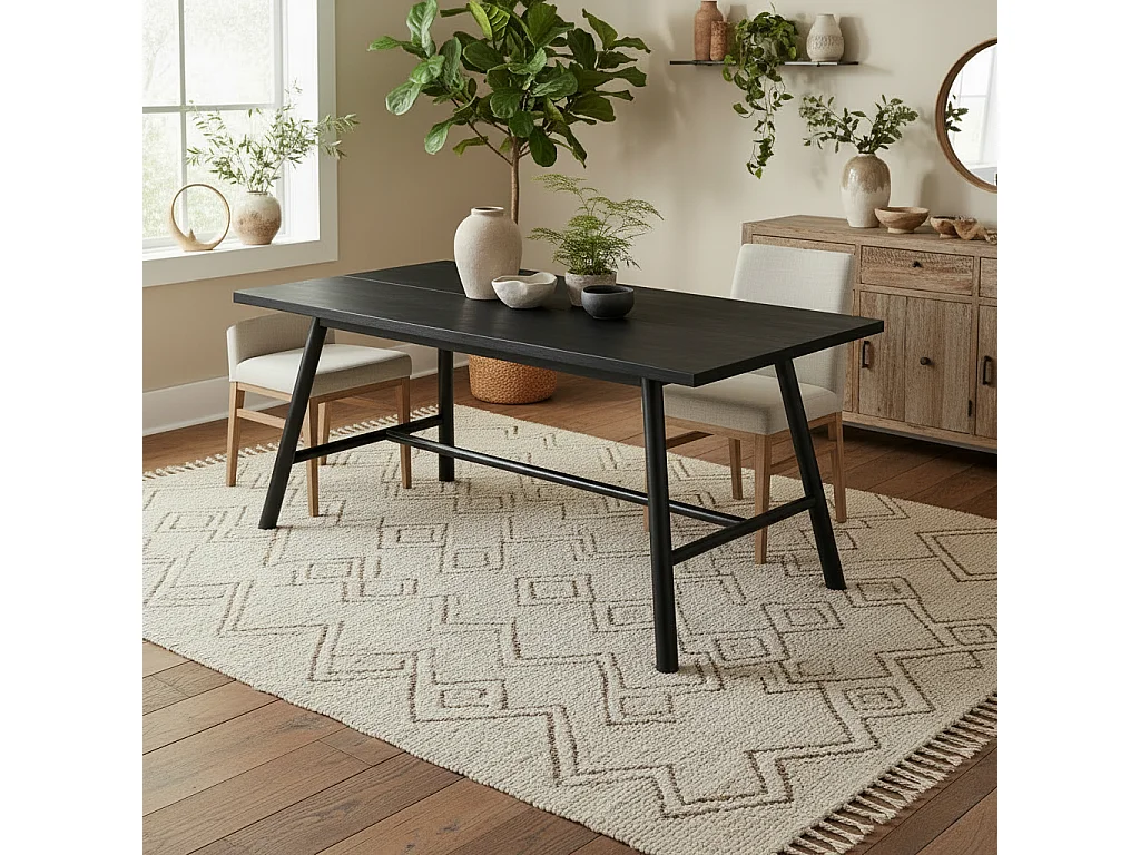 Louie Black Grain Wood Effect Dining Table 200cm Rectangular Matt Black Metal Base
