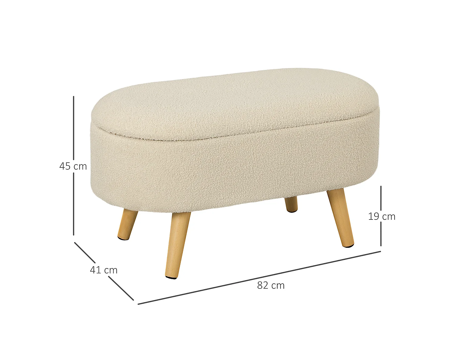 Molasa Boucle Cream White Storage Ottoman Teddy Fleece Pine Wood Legs