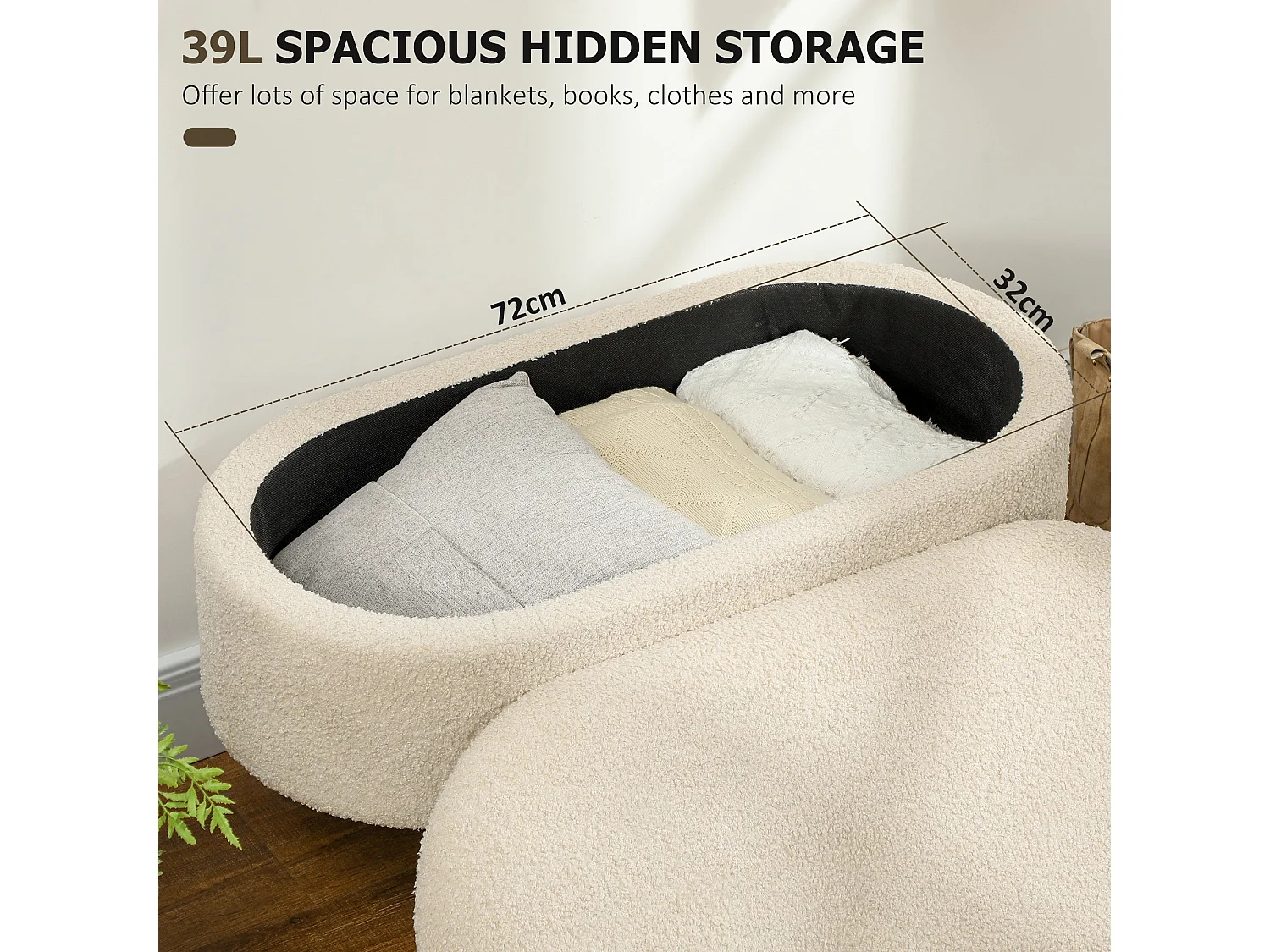 Molasa Boucle Cream White Storage Ottoman Teddy Fleece Pine Wood Legs