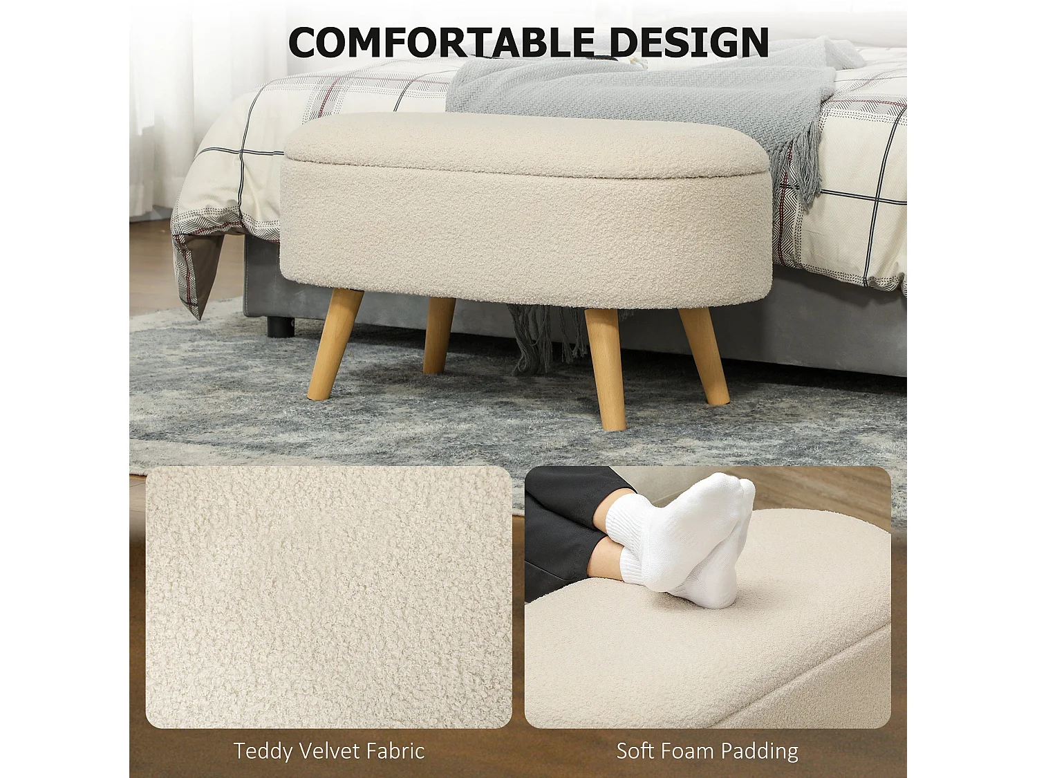 Molasa Boucle Cream White Storage Ottoman Teddy Fleece Pine Wood Legs