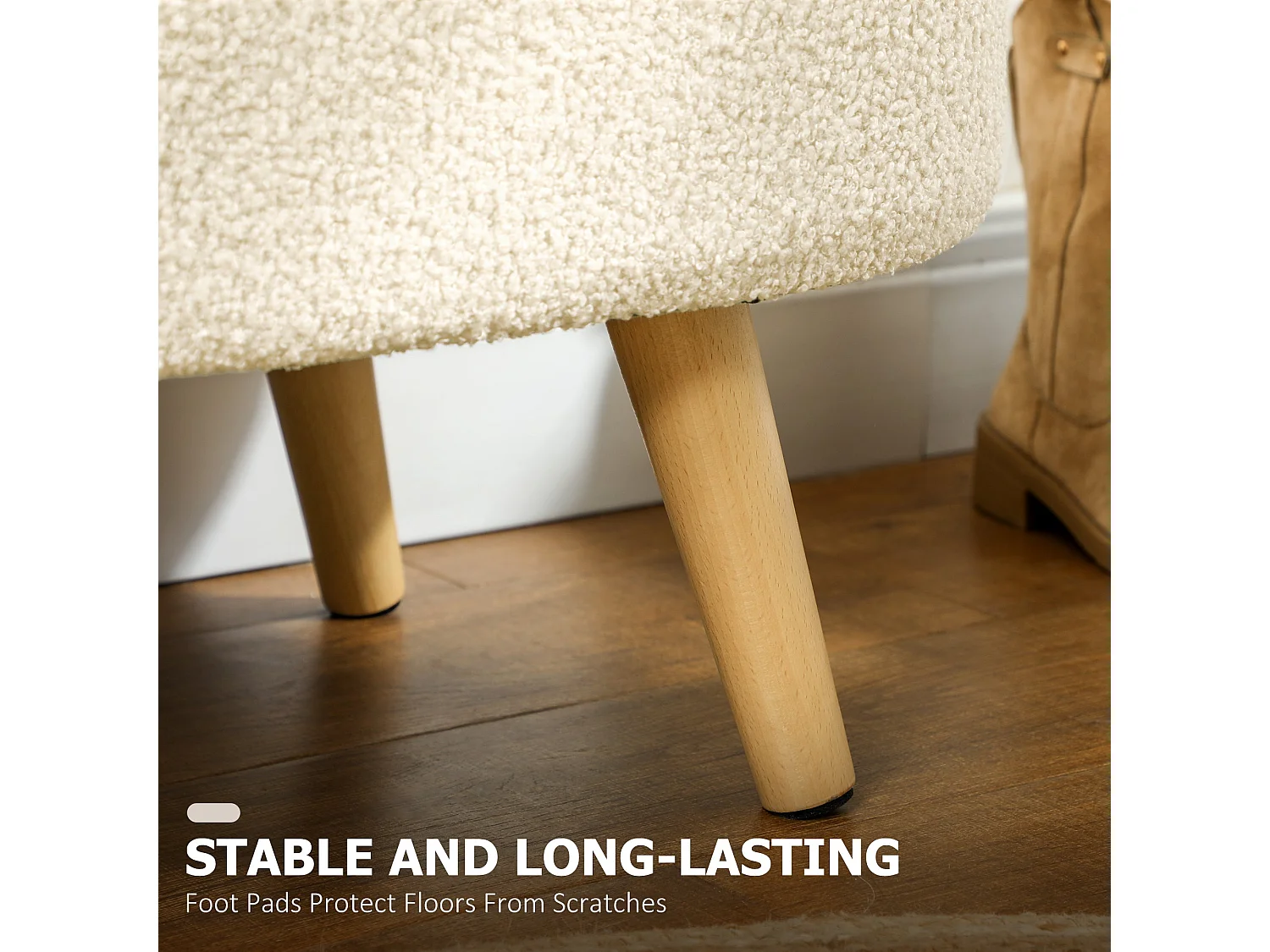 Molasa Boucle Cream White Storage Ottoman Teddy Fleece Pine Wood Legs