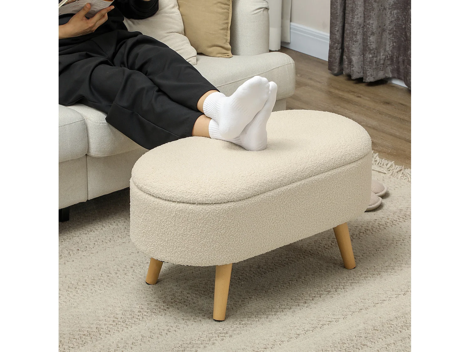 Molasa Boucle Cream White Storage Ottoman Teddy Fleece Pine Wood Legs