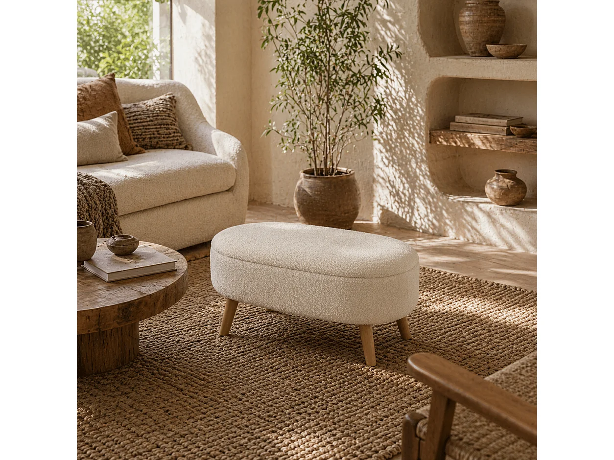 Molasa Boucle Cream White Storage Ottoman Teddy Fleece Pine Wood Legs