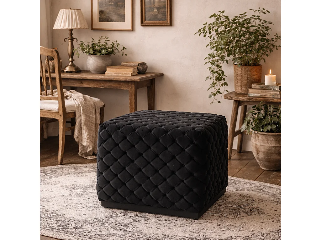 Parker Small Black Velvet Diamond Pouffe Metal Plinth Base