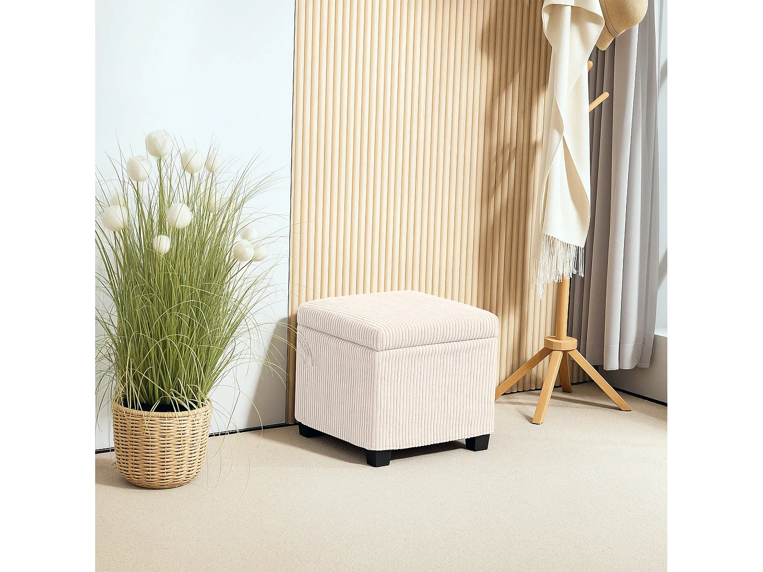 Rivima Square Beige Corduroy Storage Ottoman Bench with Removable Lid