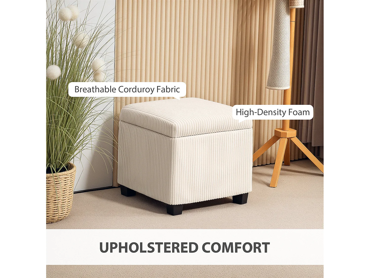 Rivima Square Beige Corduroy Storage Ottoman Bench with Removable Lid