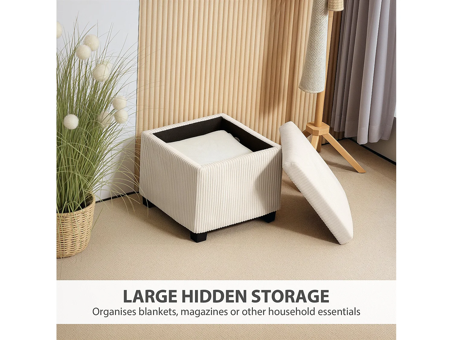 Rivima Square Beige Corduroy Storage Ottoman Bench with Removable Lid