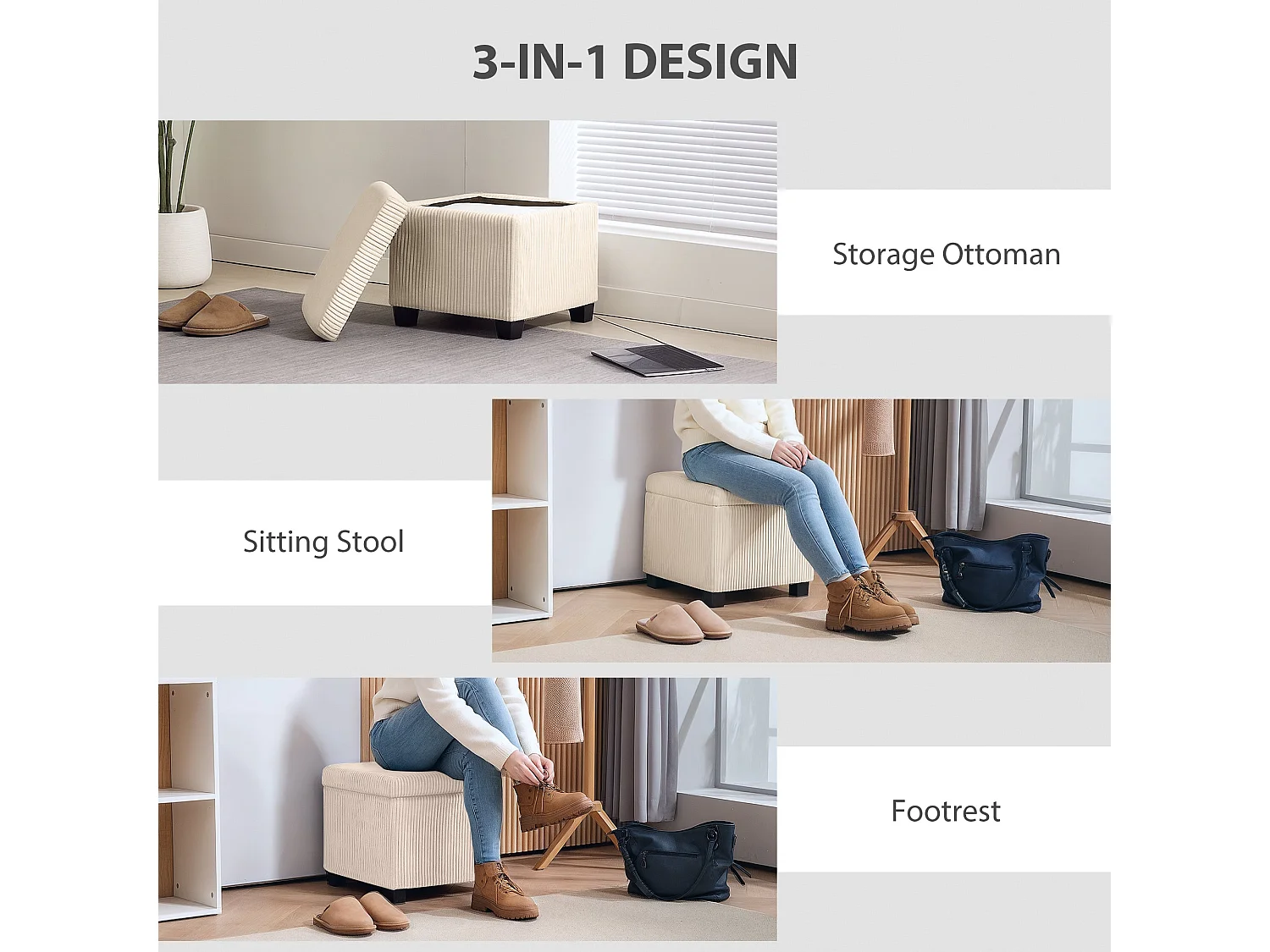Rivima Square Beige Corduroy Storage Ottoman Bench with Removable Lid