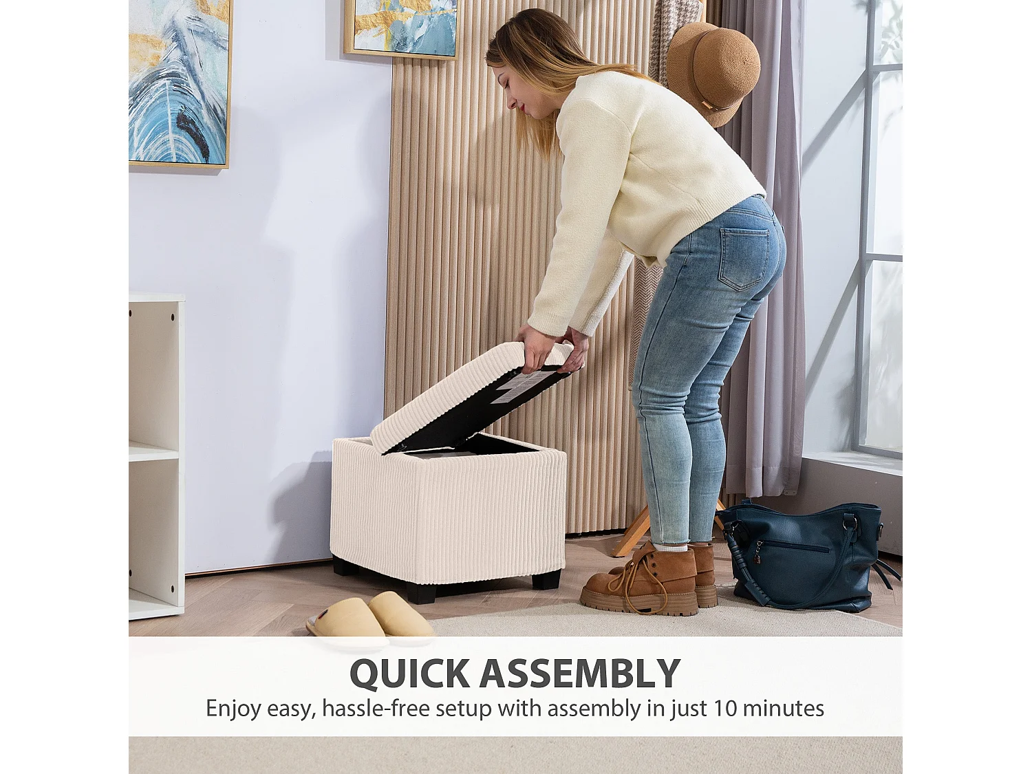Rivima Square Beige Corduroy Storage Ottoman Bench with Removable Lid