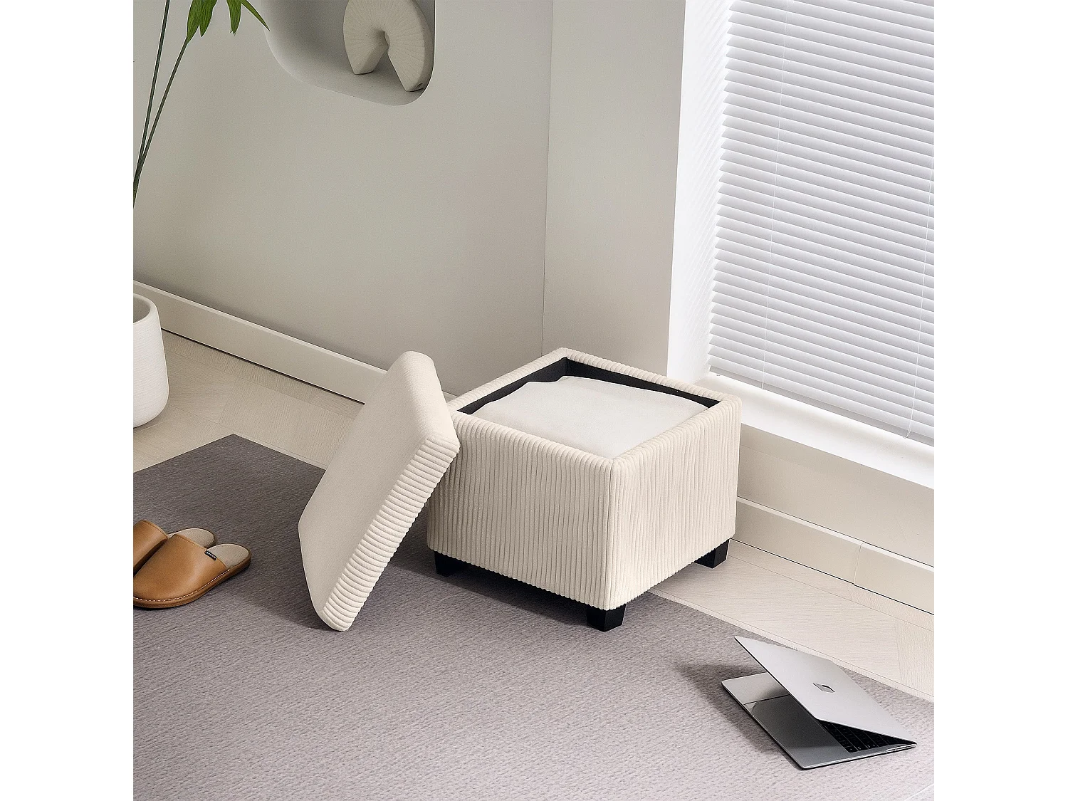 Rivima Square Beige Corduroy Storage Ottoman Bench with Removable Lid