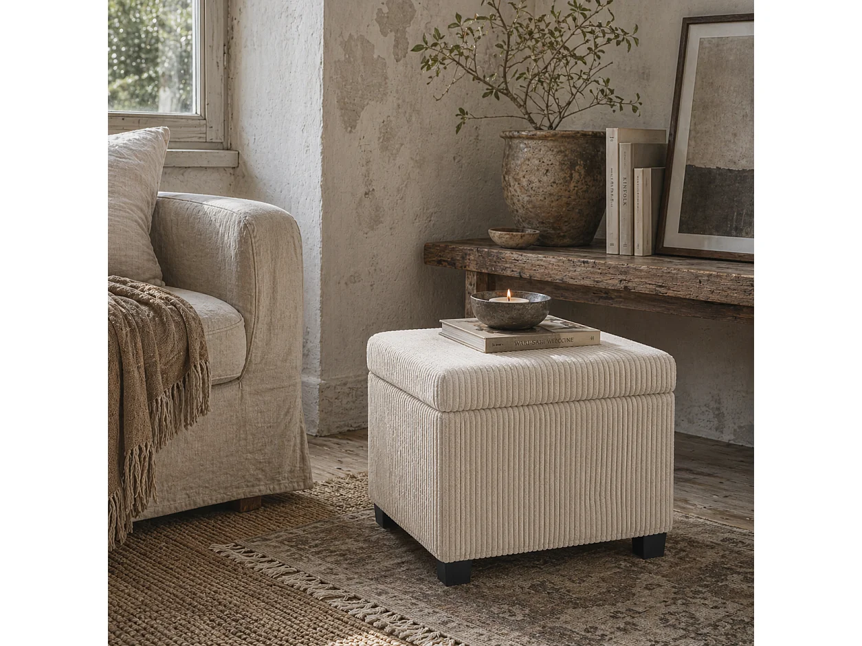 Rivima Square Beige Corduroy Storage Ottoman Bench with Removable Lid