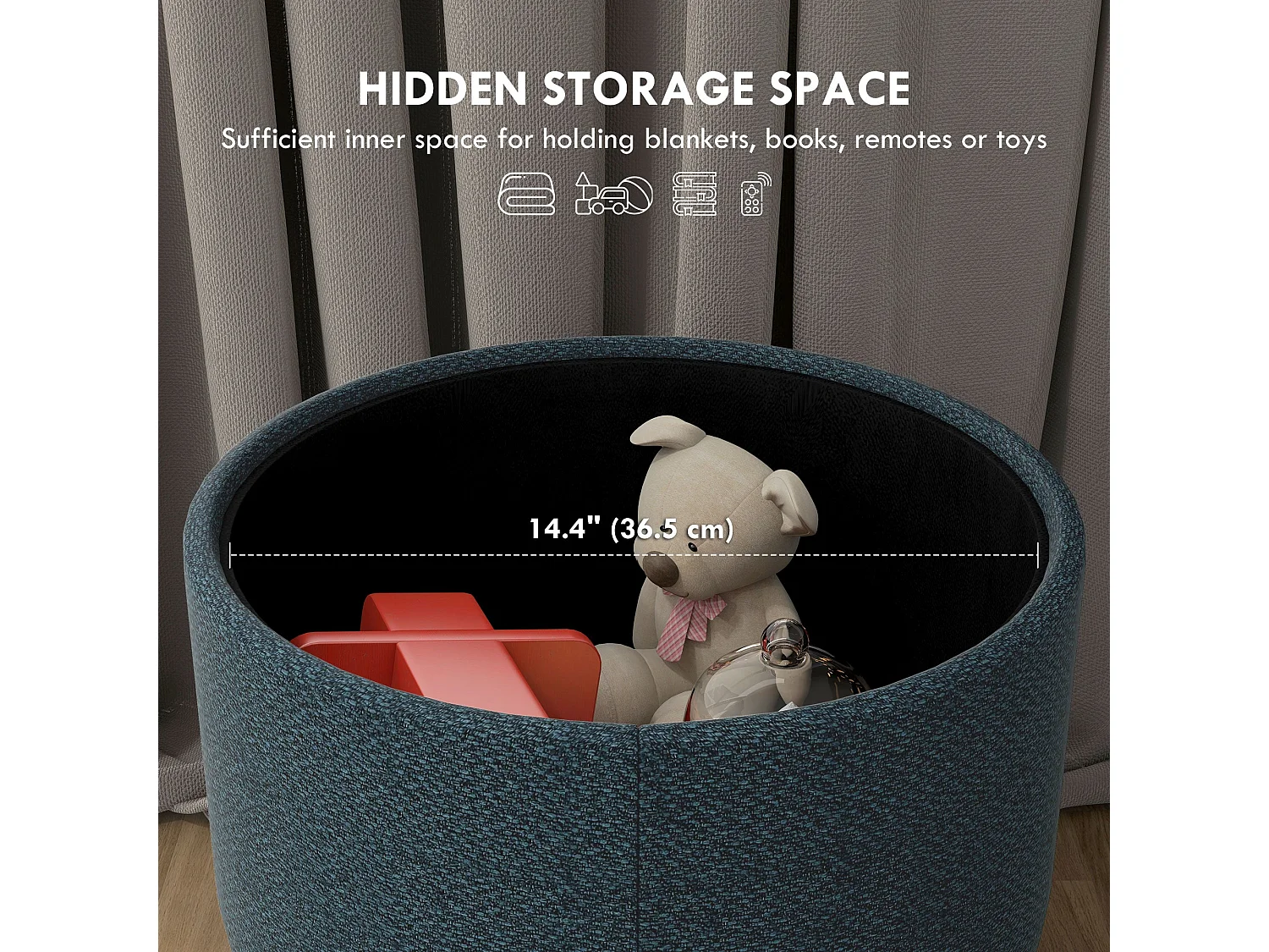 Dotaha Linen Look Blue Round Storage Ottoman
