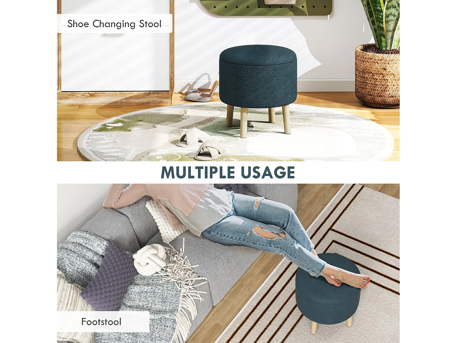Dotaha Linen Look Blue Round Storage Ottoman