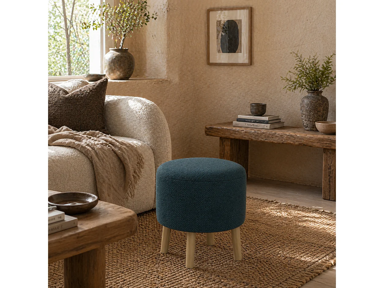 Dotaha Linen Look Blue Round Storage Ottoman