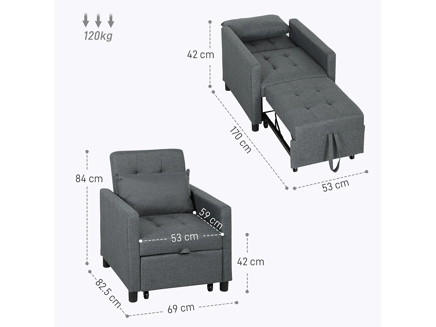 Loco Suro Dark Grey 3 in 1 Convertible Chair Bed Adjustable Backrest and Footrest