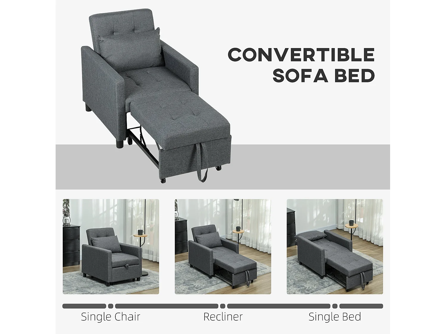 Loco Suro Dark Grey 3 in 1 Convertible Chair Bed Adjustable Backrest and Footrest