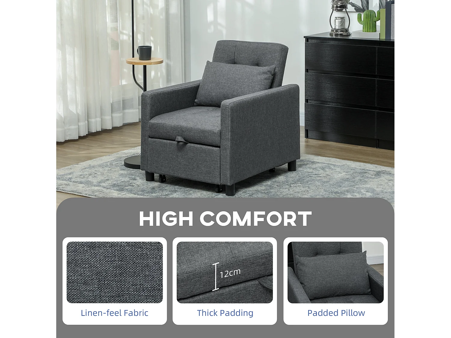 Loco Suro Dark Grey 3 in 1 Convertible Chair Bed Adjustable Backrest and Footrest