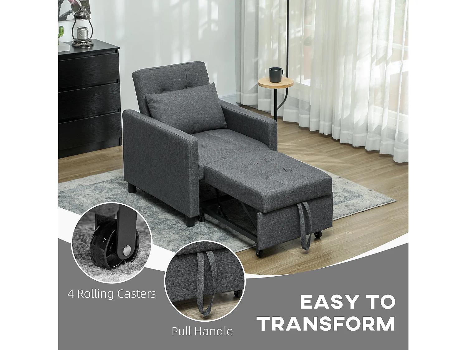 Loco Suro Dark Grey 3 in 1 Convertible Chair Bed Adjustable Backrest and Footrest