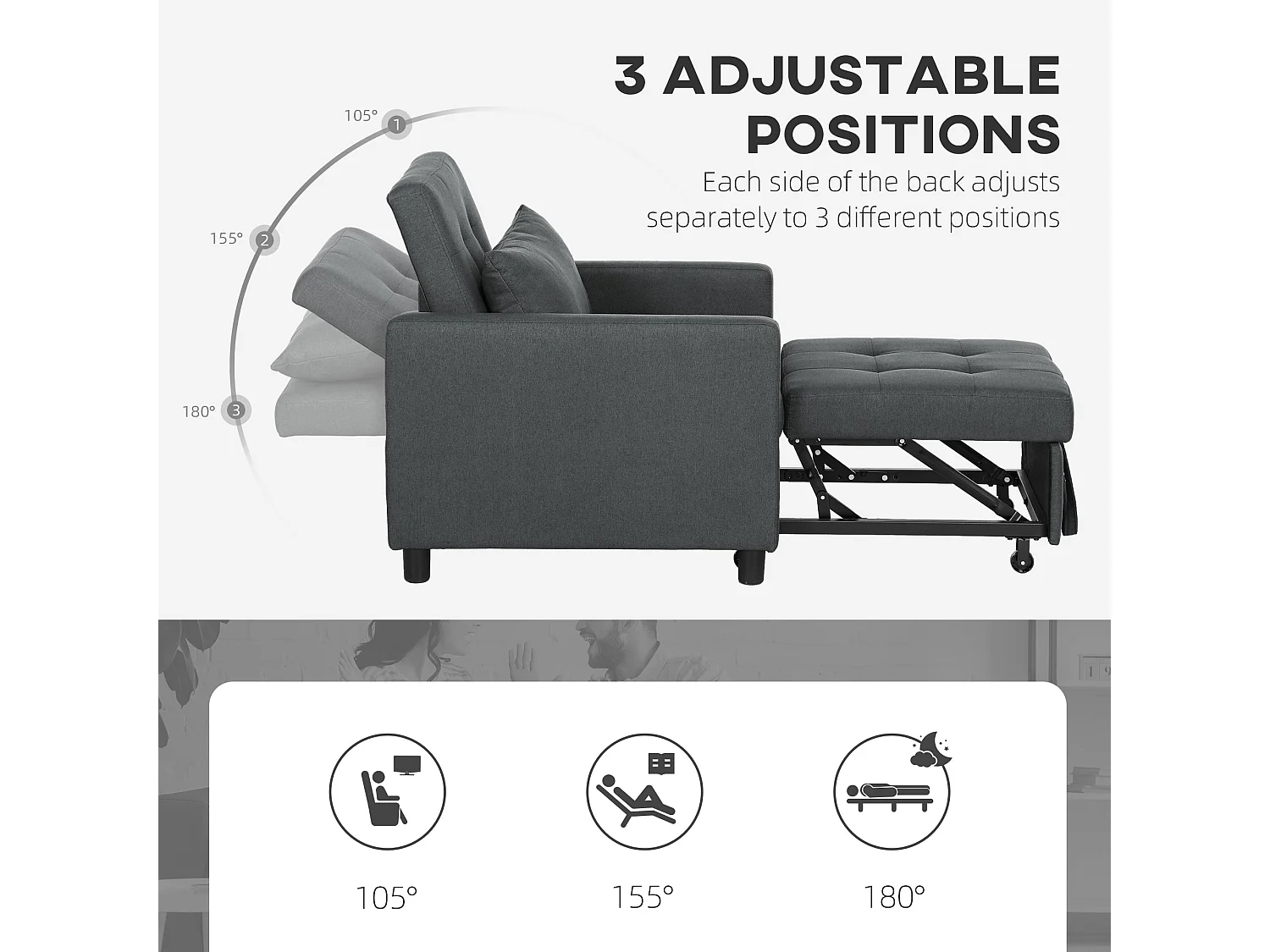Loco Suro Dark Grey 3 in 1 Convertible Chair Bed Adjustable Backrest and Footrest