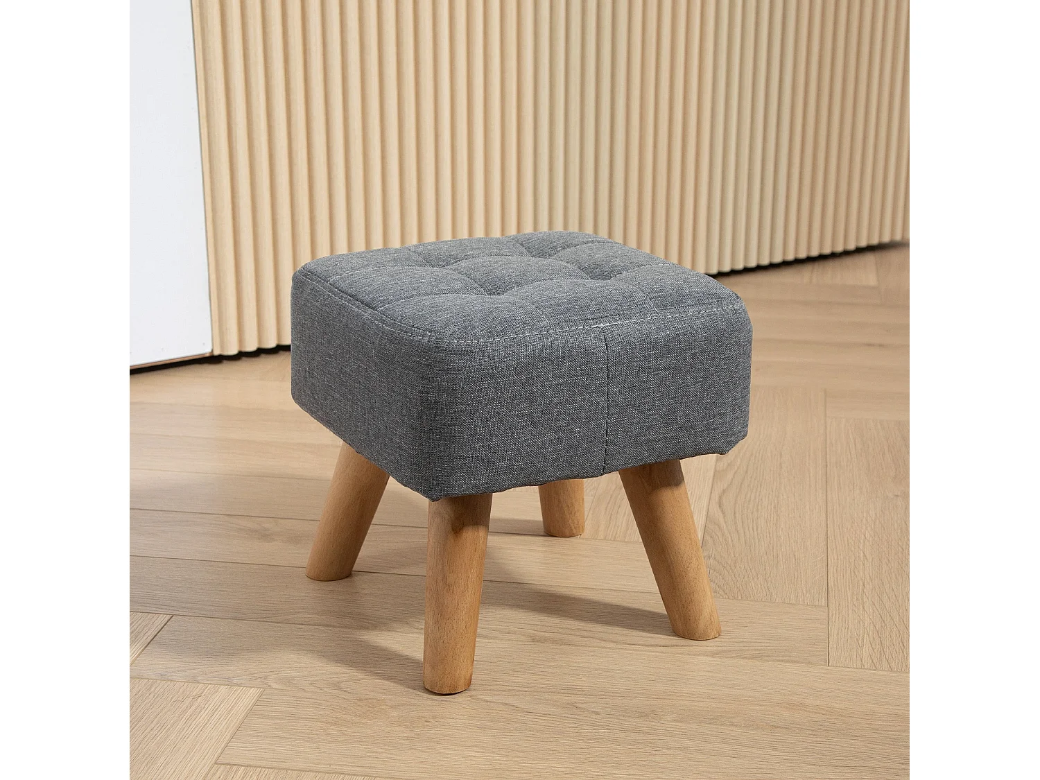 Sayo Linen Look Light Grey Square Padded Footstool Tufted Diamond