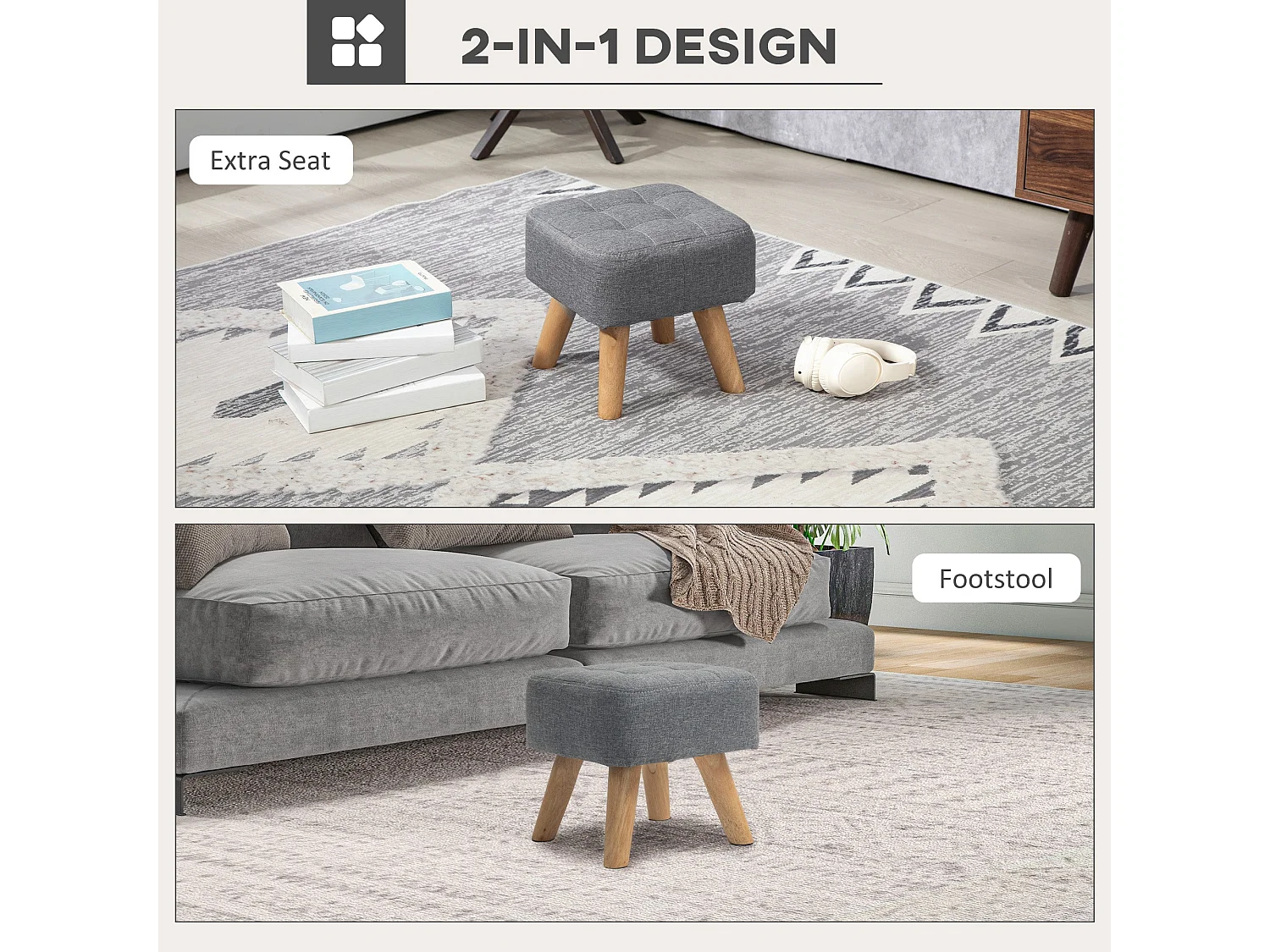 Sayo Linen Look Light Grey Square Padded Footstool Tufted Diamond