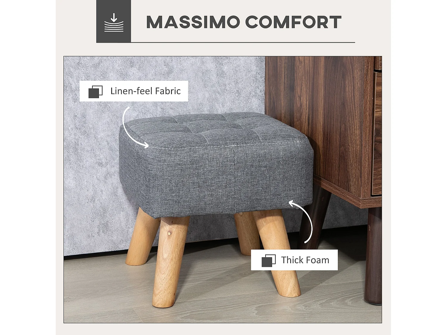 Sayo Linen Look Light Grey Square Padded Footstool Tufted Diamond