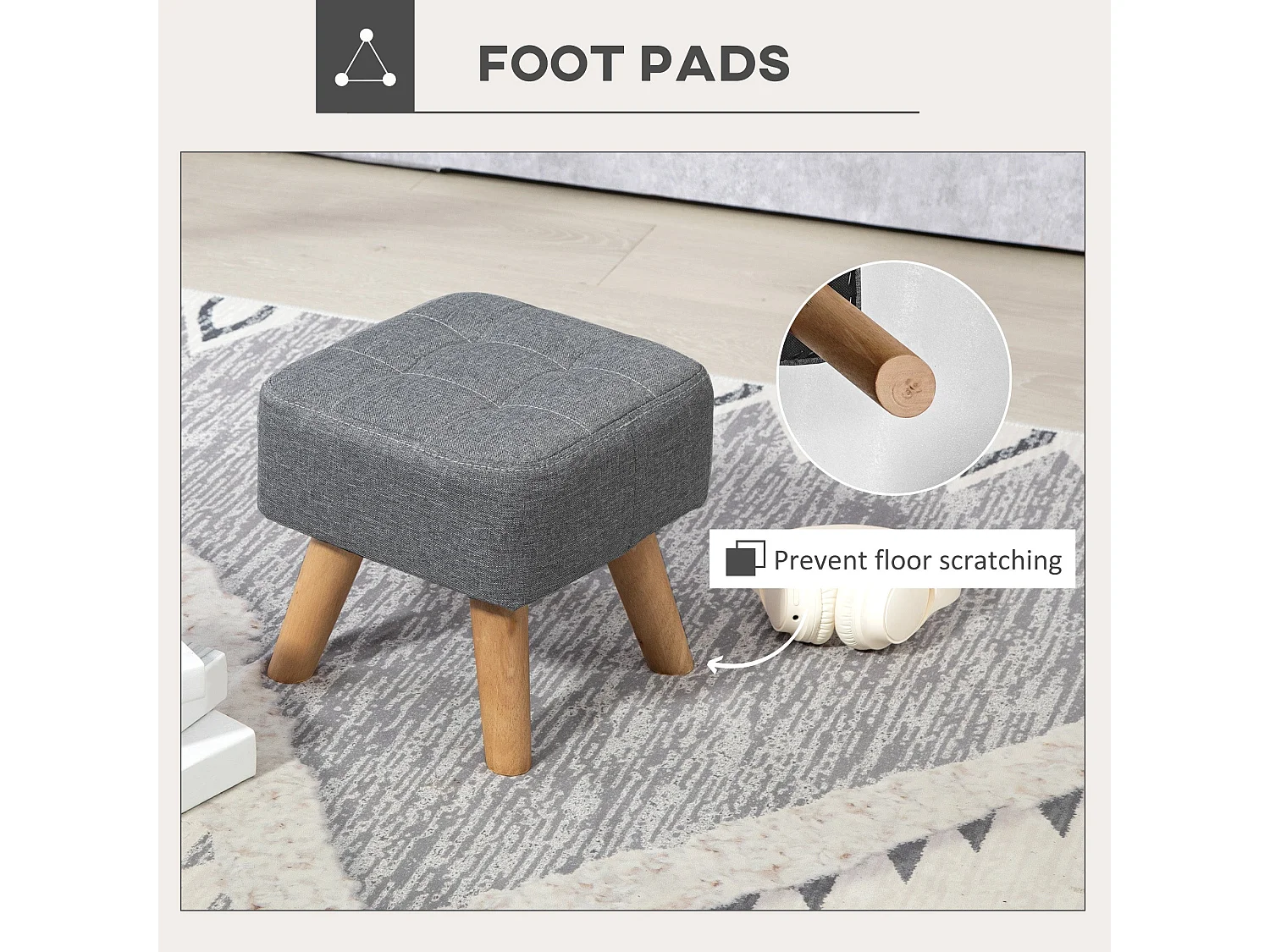 Sayo Linen Look Light Grey Square Padded Footstool Tufted Diamond