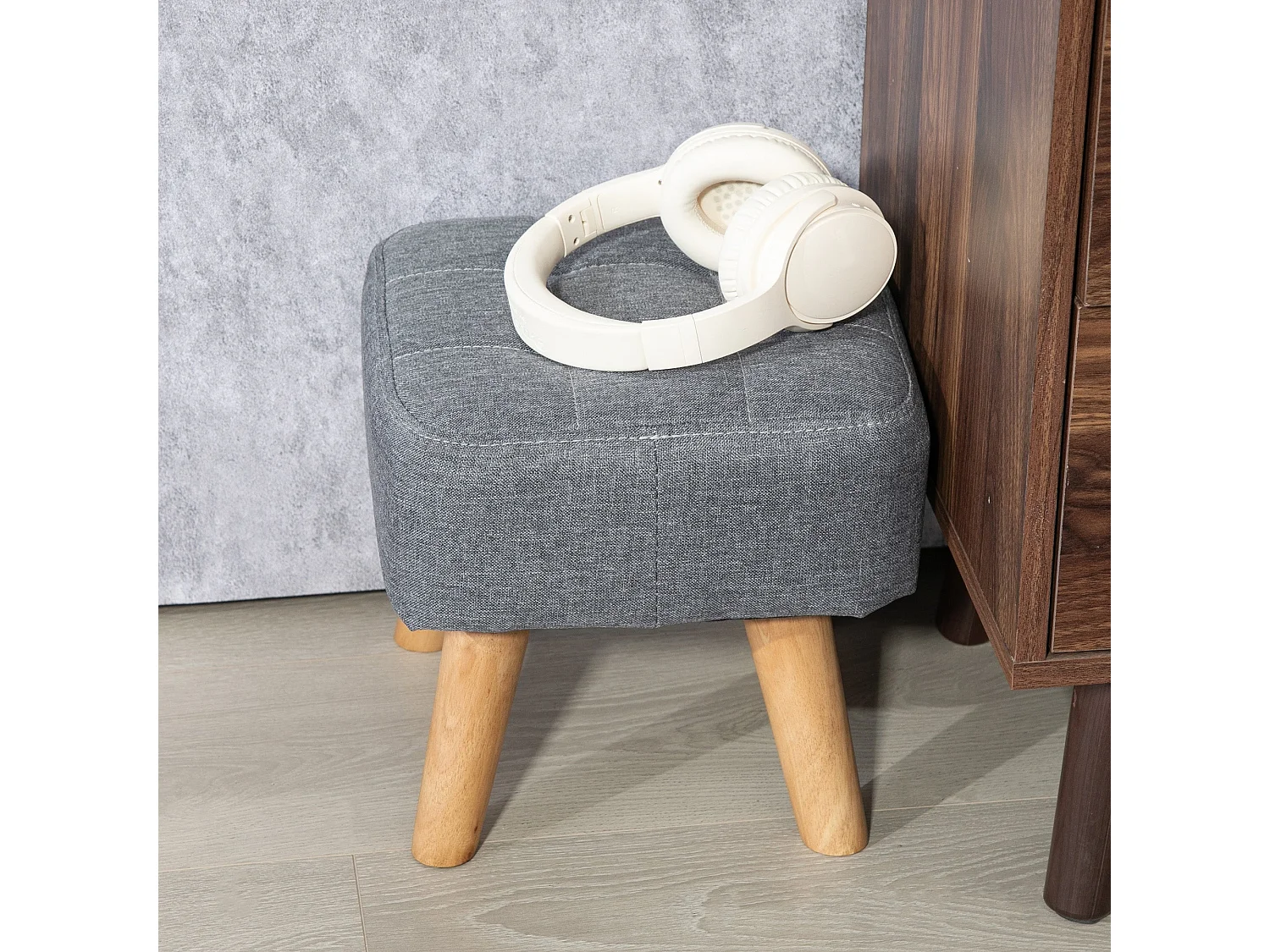 Sayo Linen Look Light Grey Square Padded Footstool Tufted Diamond