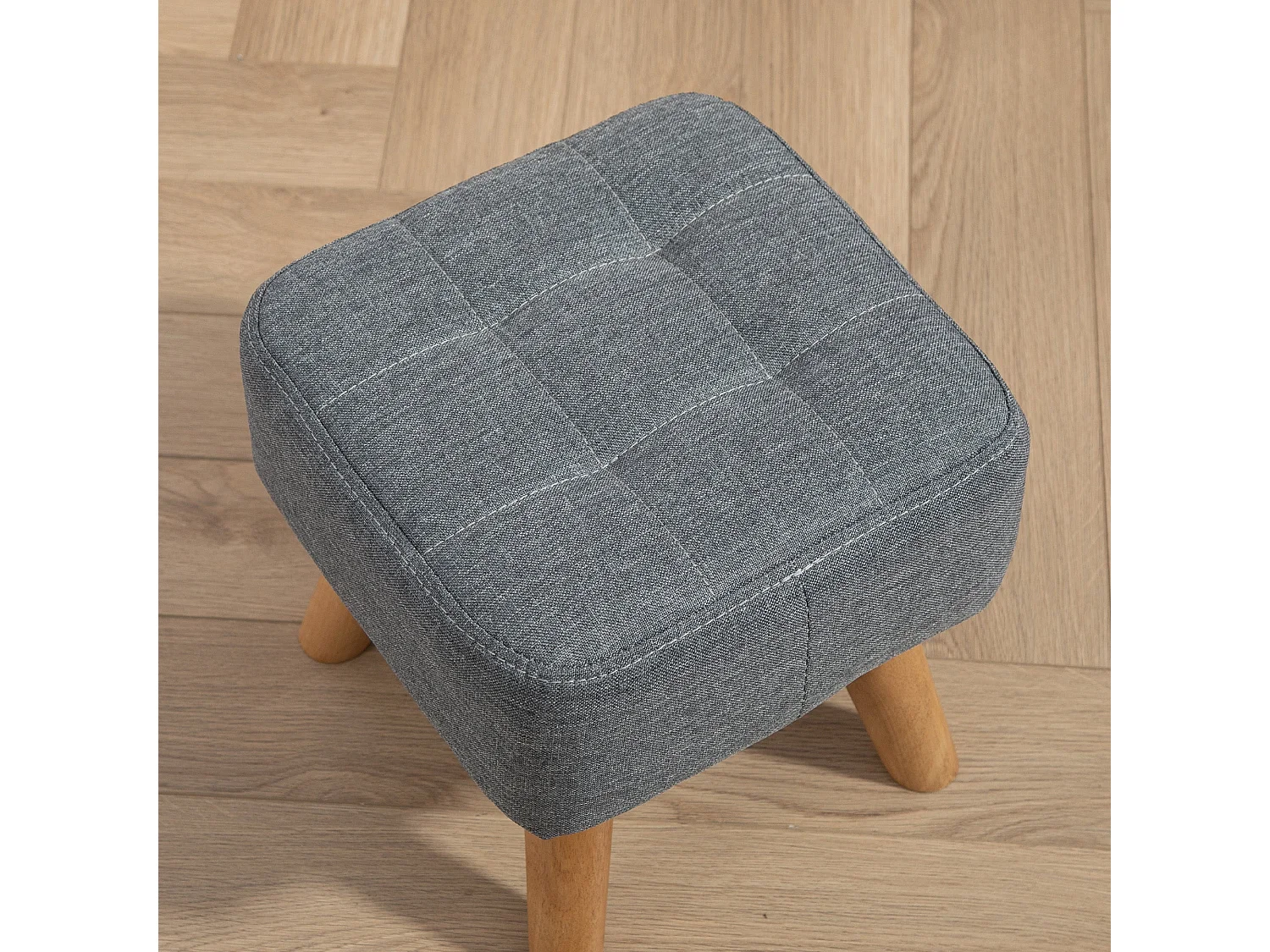 Sayo Linen Look Light Grey Square Padded Footstool Tufted Diamond