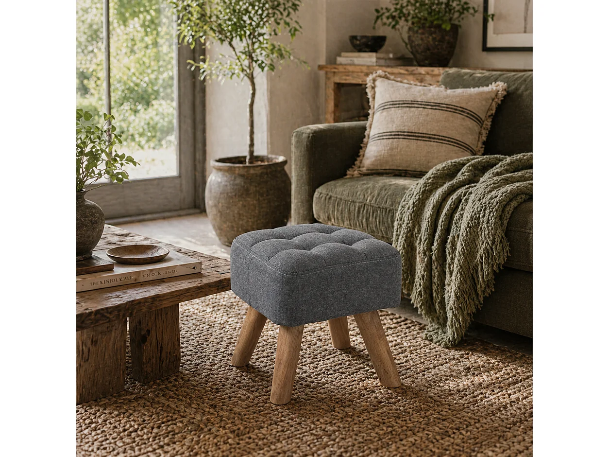 Sayo Linen Look Light Grey Square Padded Footstool Tufted Diamond